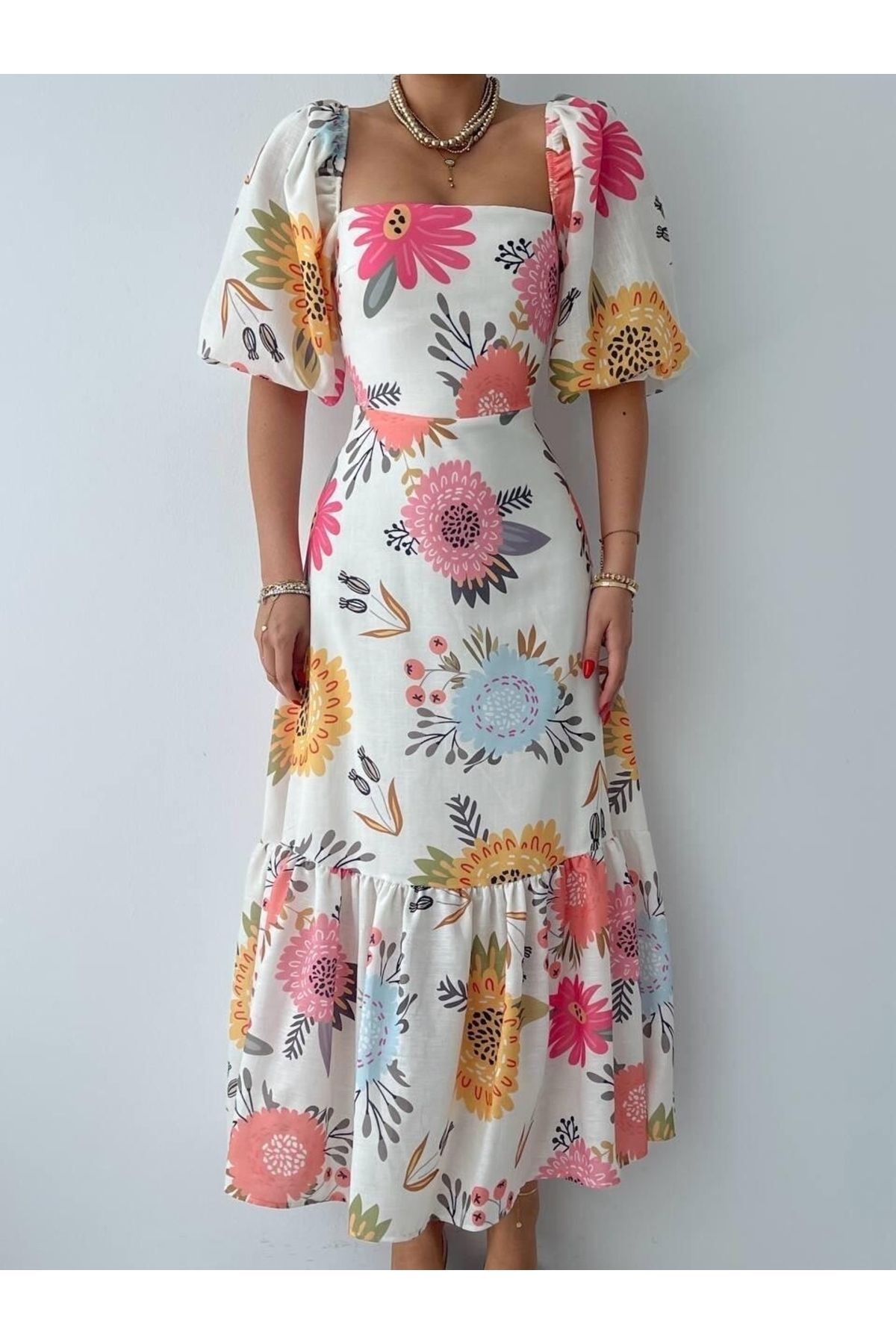 Buklemoda-Floral Patterned Linen Dress 4