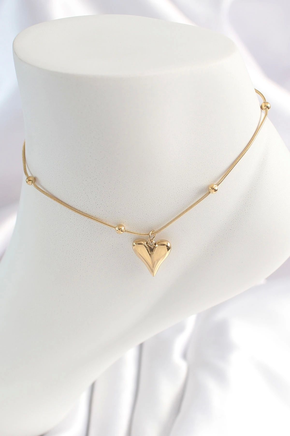 shopwave 316L Çelik Gold Renk Minimal Topçuk Detay Kalp Figür Kadın HalHal
