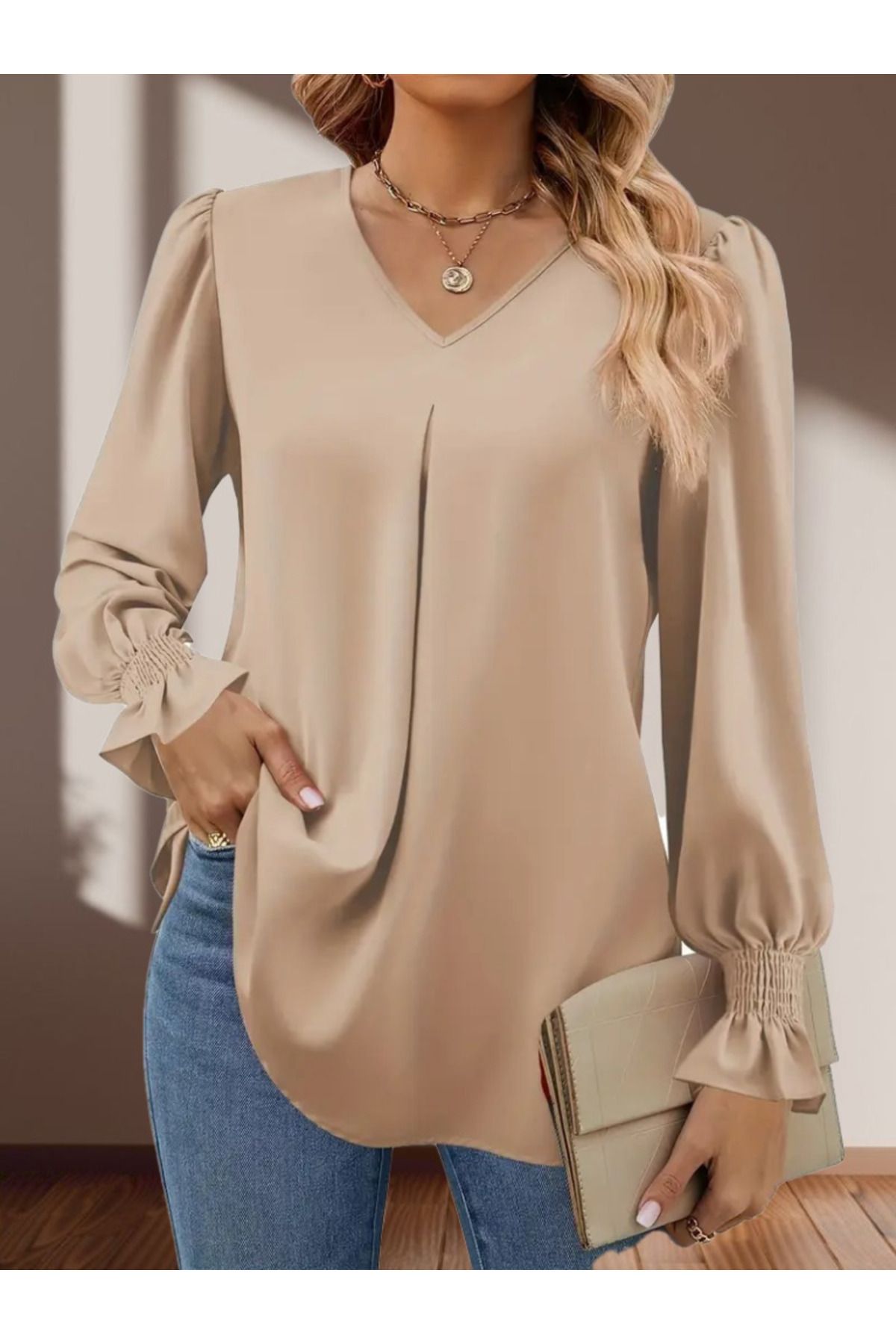 Moka Shopin-Mokashopin Women's Long Sleeve V Neck Sandy Blouse 1