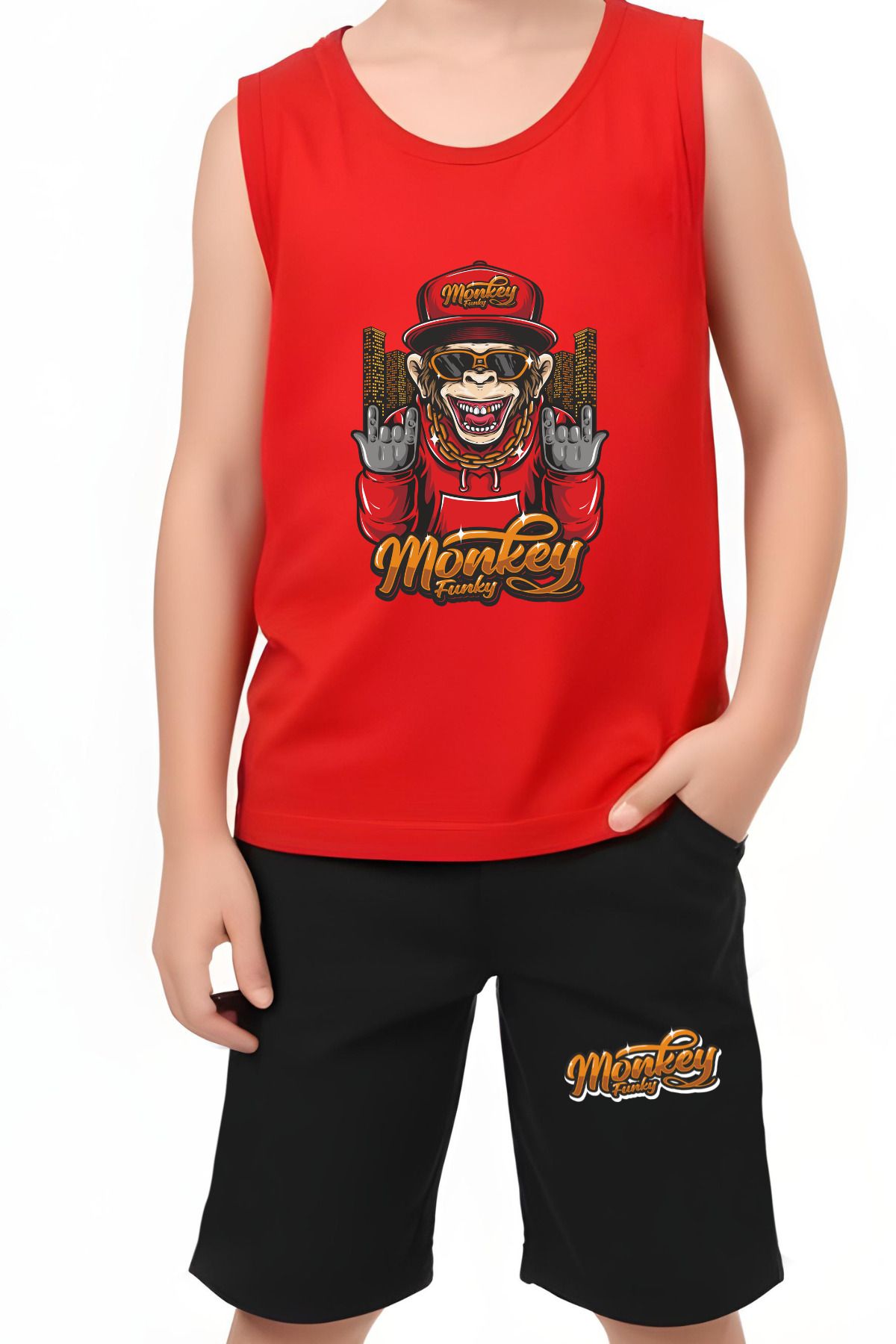 panios kids-Rich Monkey Printed Boys' Sling T-Shirt and Shorts Bottom-Top Set 4