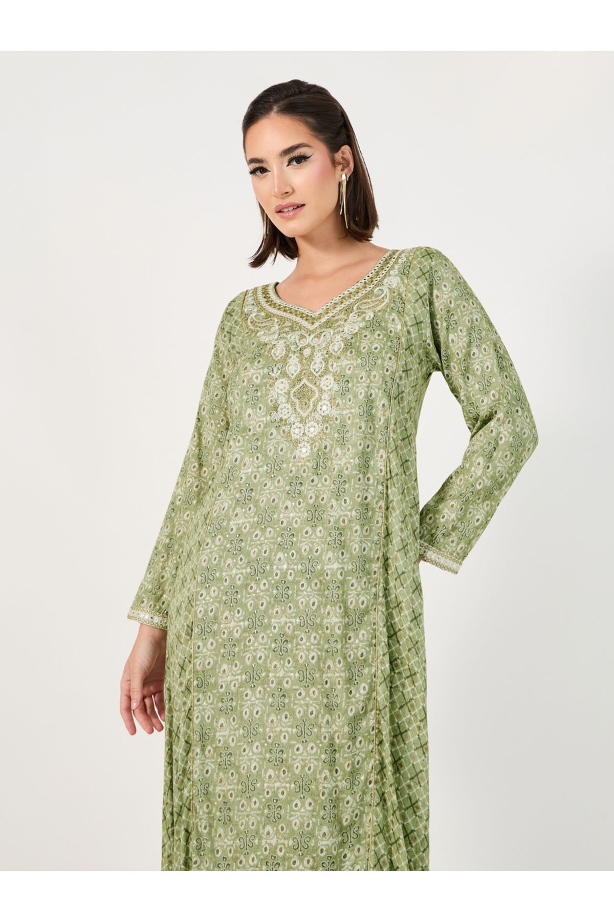 Styli-All-Over Print Embroidered A-Line Jalabiya 2