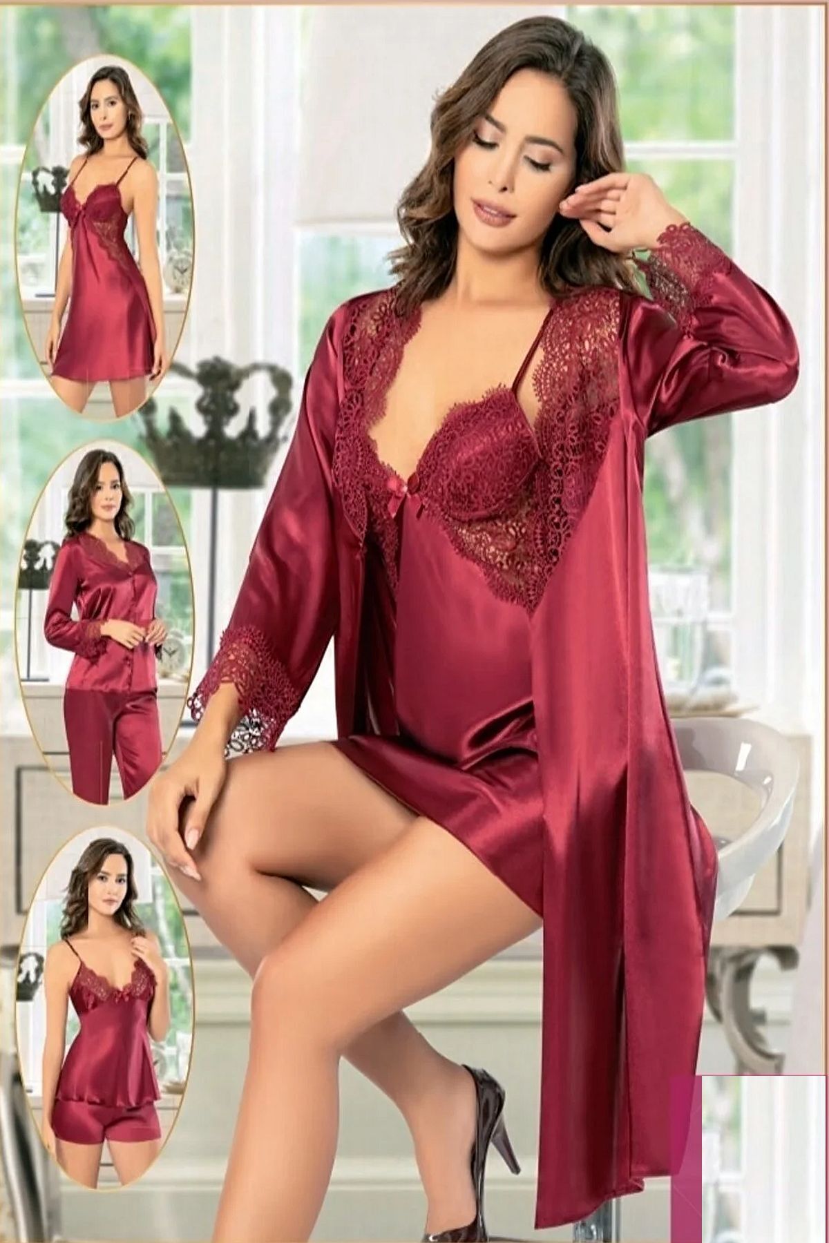 Xses 1001 Kadın Çeyizlik Saten 6'lı Takım-bordo