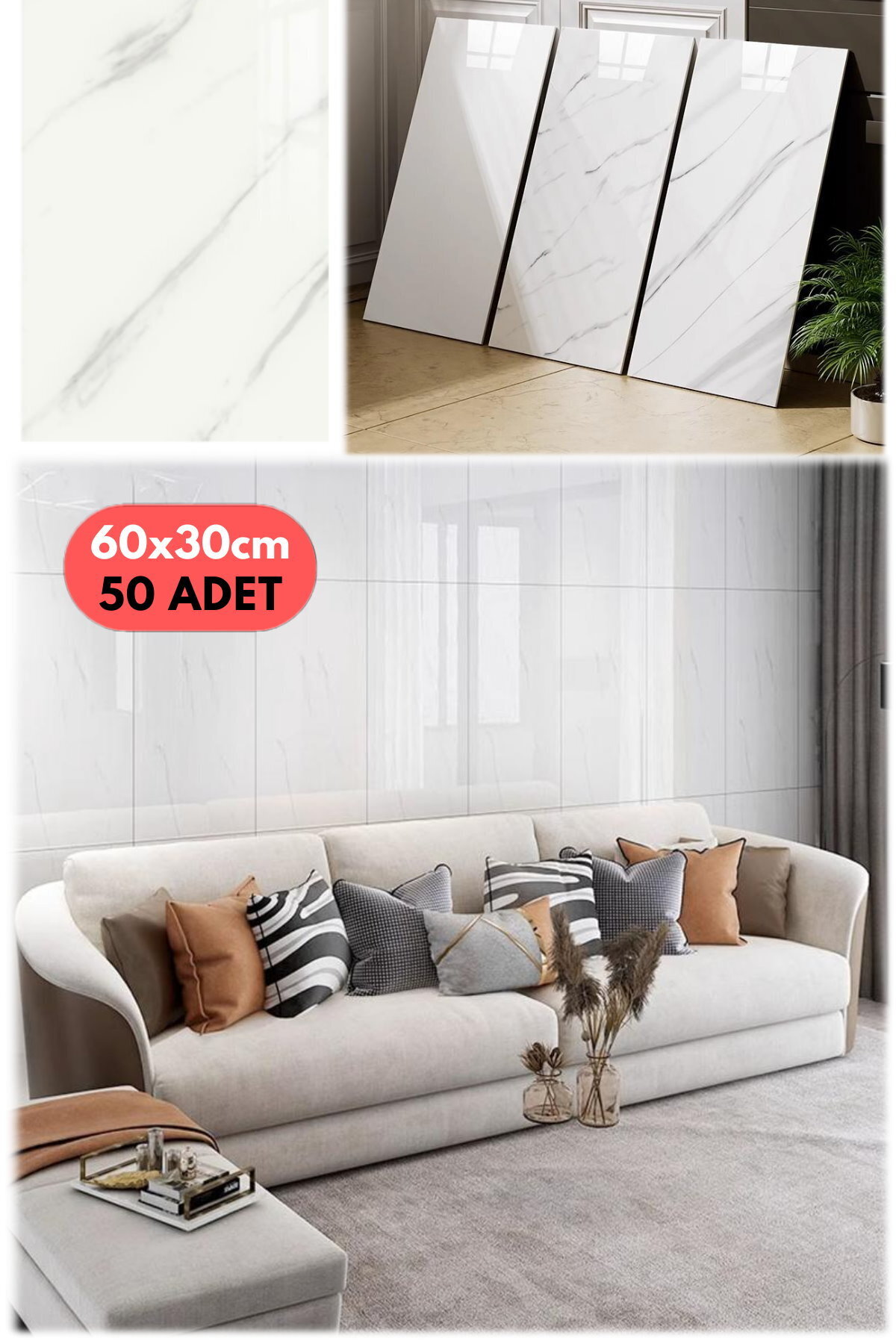 Munico 50 Adet 60x30 Beyaz Modern Su Geçirmez Duvar Çıkartmaları Kendinden Yapışkanlı Fayans Etiket Zemin