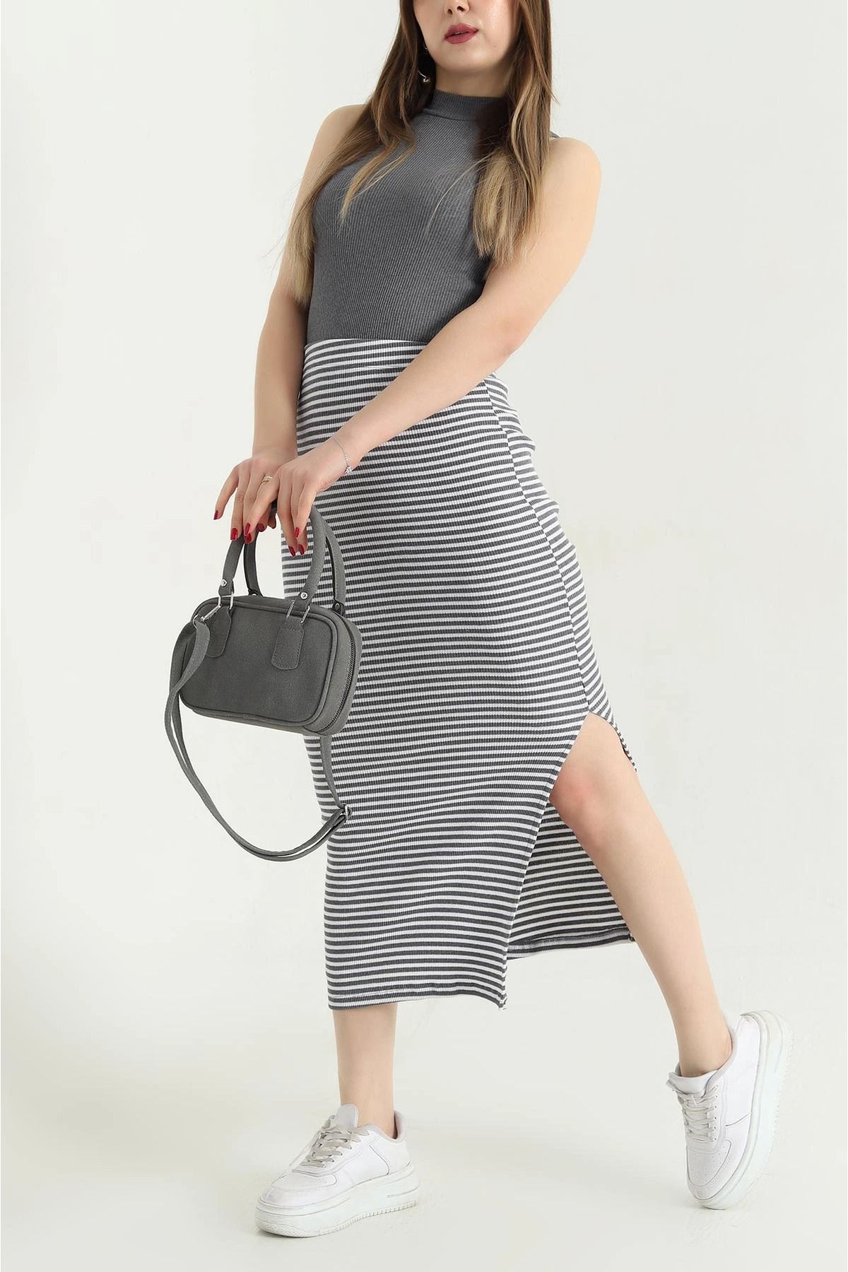 vuvutasarım-New Season Smoked Ribbed Striped Slit Skirt 1