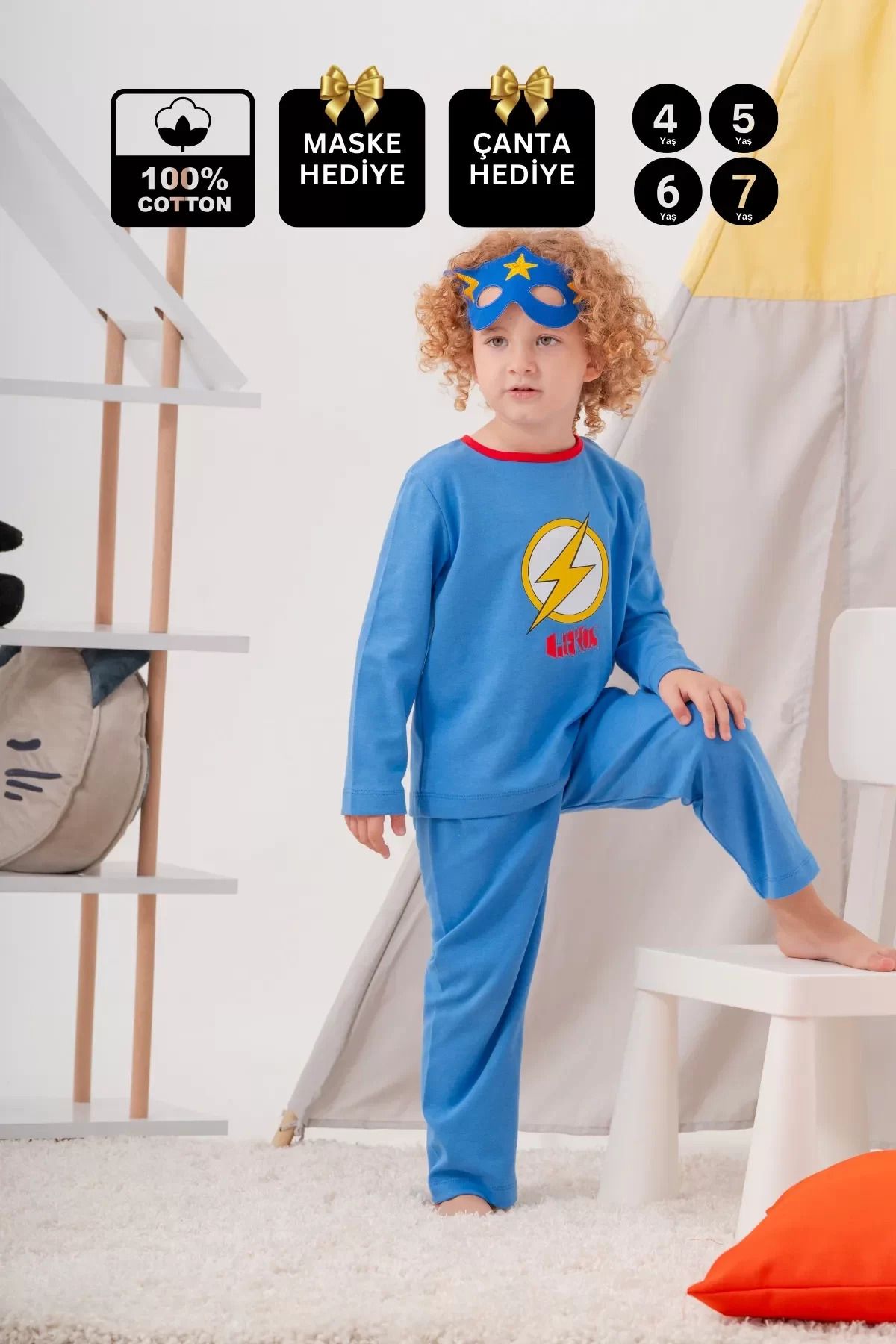 karadağsb Heros Desenli Çanta Ve Maskeli % 100 Pamuk Erkek Çocuk Pijama Takımı