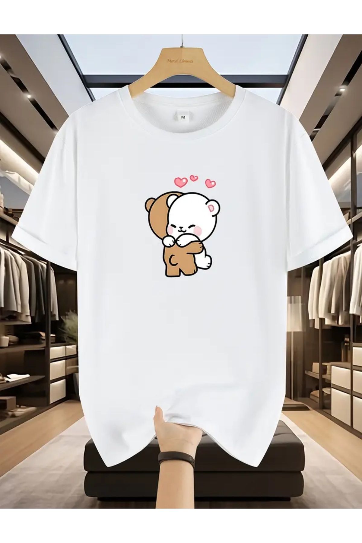 Unisex Genç Yetişkin Kadın Erkek Oversize Kesim Bol Rahat Ekonomik Ayıcıklı İki İplikli Tshirt