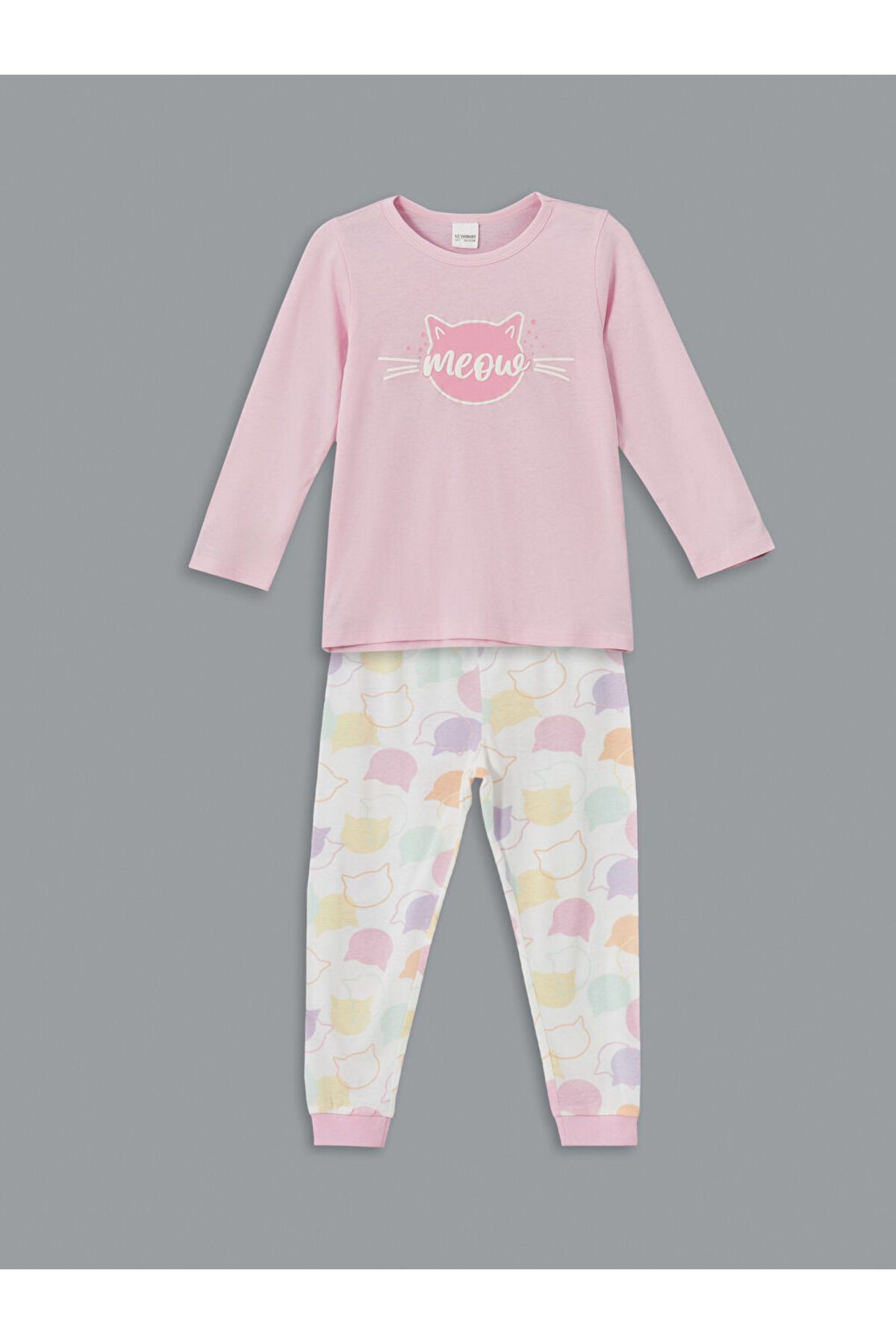 LC Waikiki LCW Kids Pembe Bisiklet Yaka Baskılı Kız Çocuk Pijama Takımı