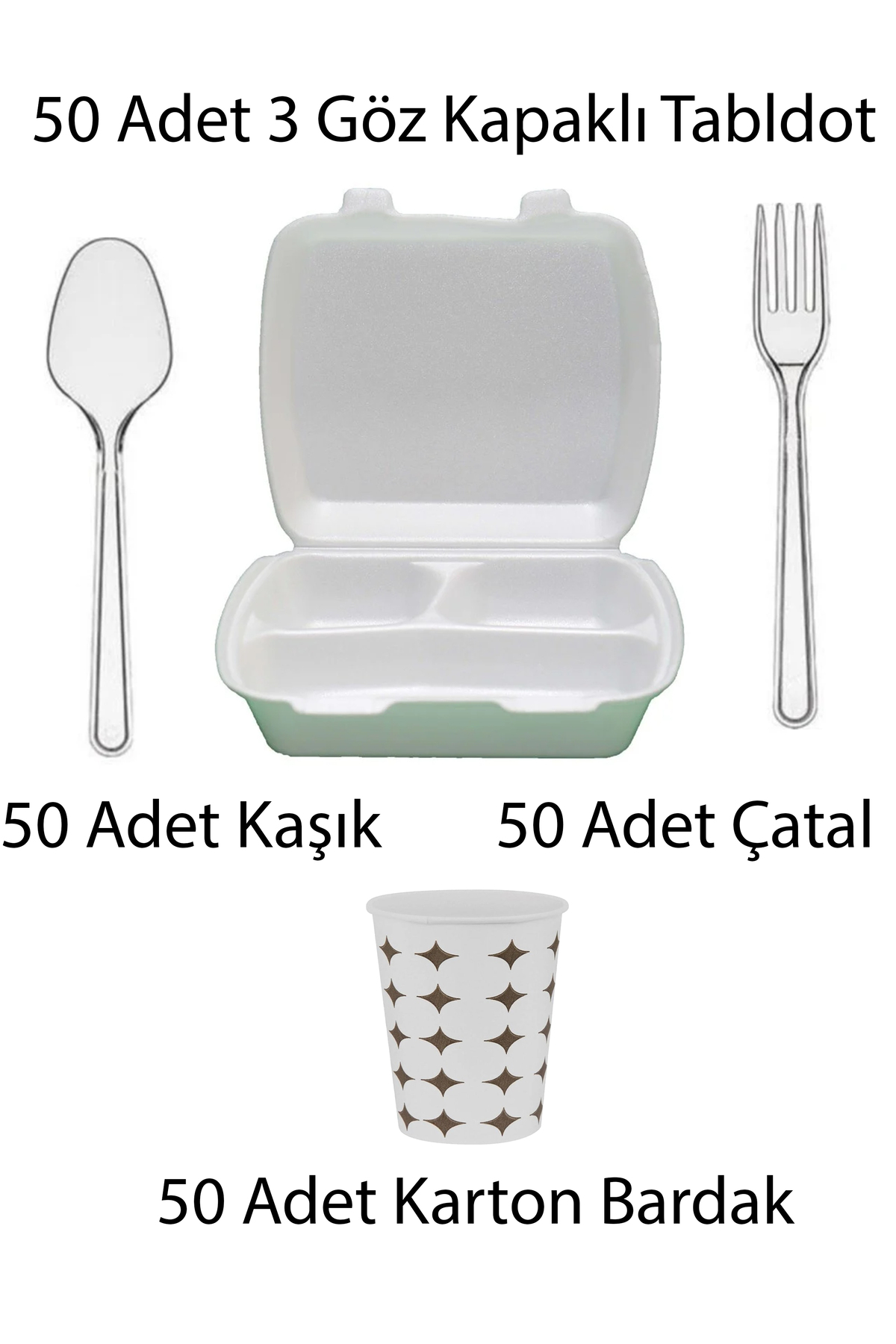 50 Adet 3 Göz Köpük Kapaklı Tabldot, 50 Kaşık, 50 Çatal, 50 Karton Bardak Seti