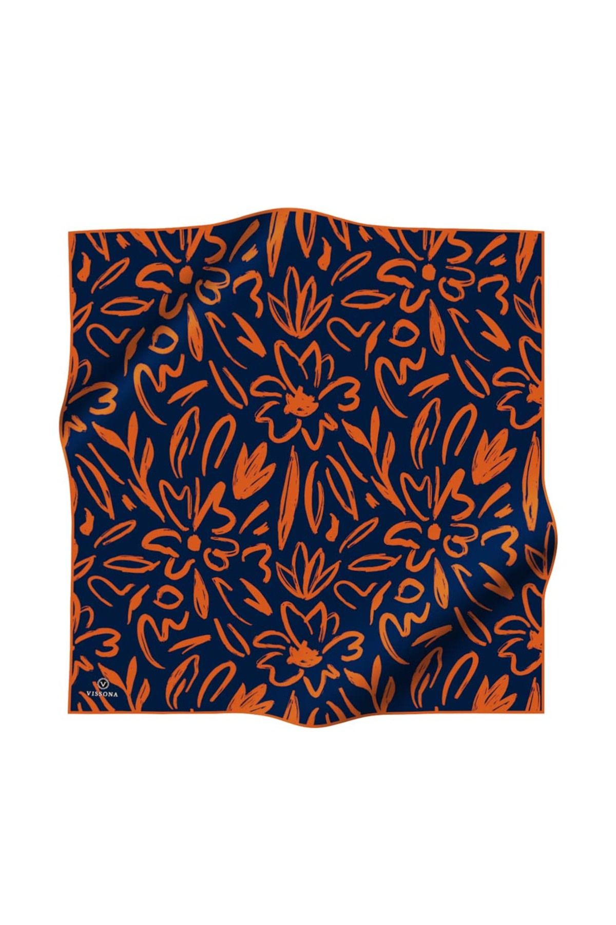 Vissona-Navy Blue Large Floral Print 100% Twill Silk - Orange 90X90 Scarf Planting Shape: Hand Sewn 2