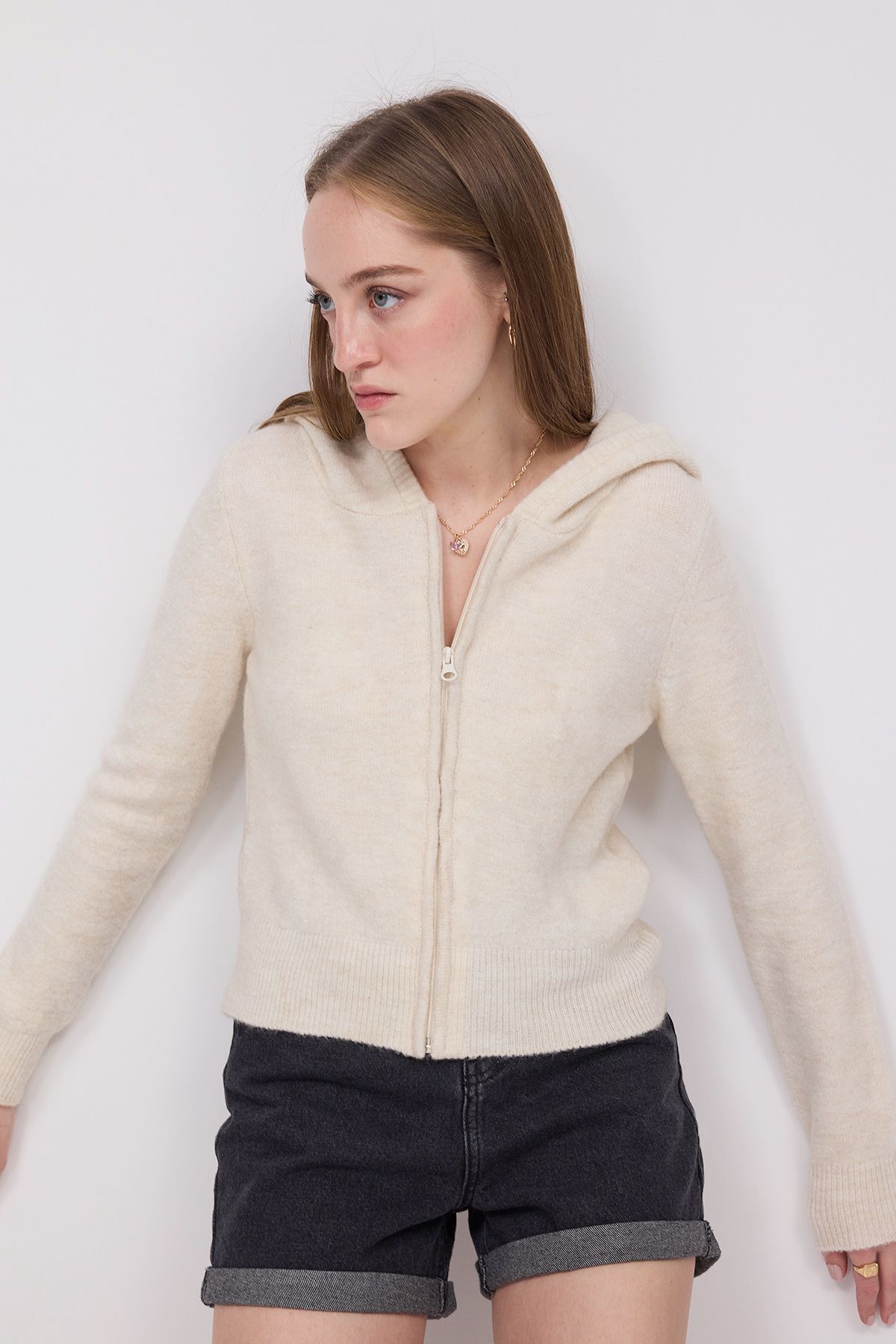 Addax-Hooded Zippered Knitwear Cardigan H3454 4