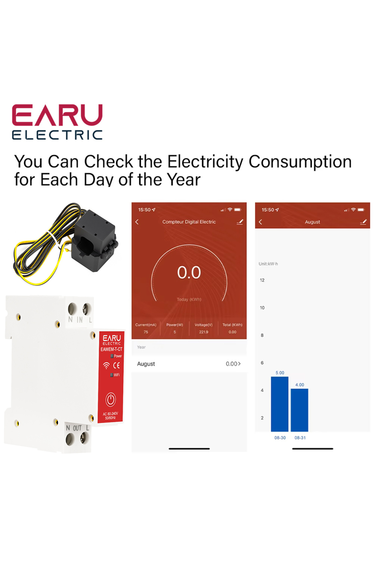 EARUELETRIC-Tuya Wifi Smart Energy Meter 1p N 63a With Current Transformer Clamp Kwh Voltage Current Power Mo... 3