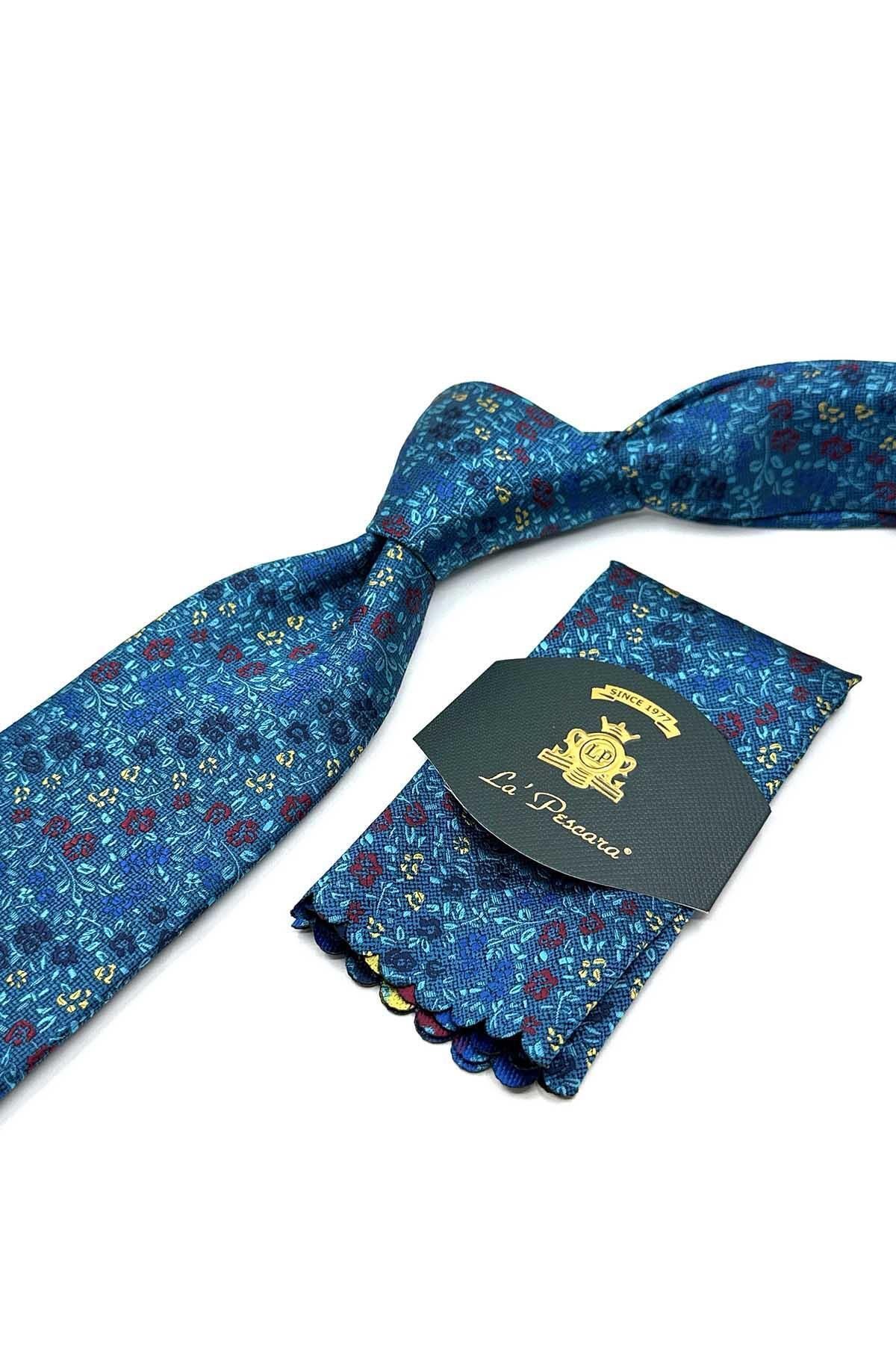 Kravatkolik-Turquoise Flower Pattern Classic Tie with Handkerchief Kk13156 4