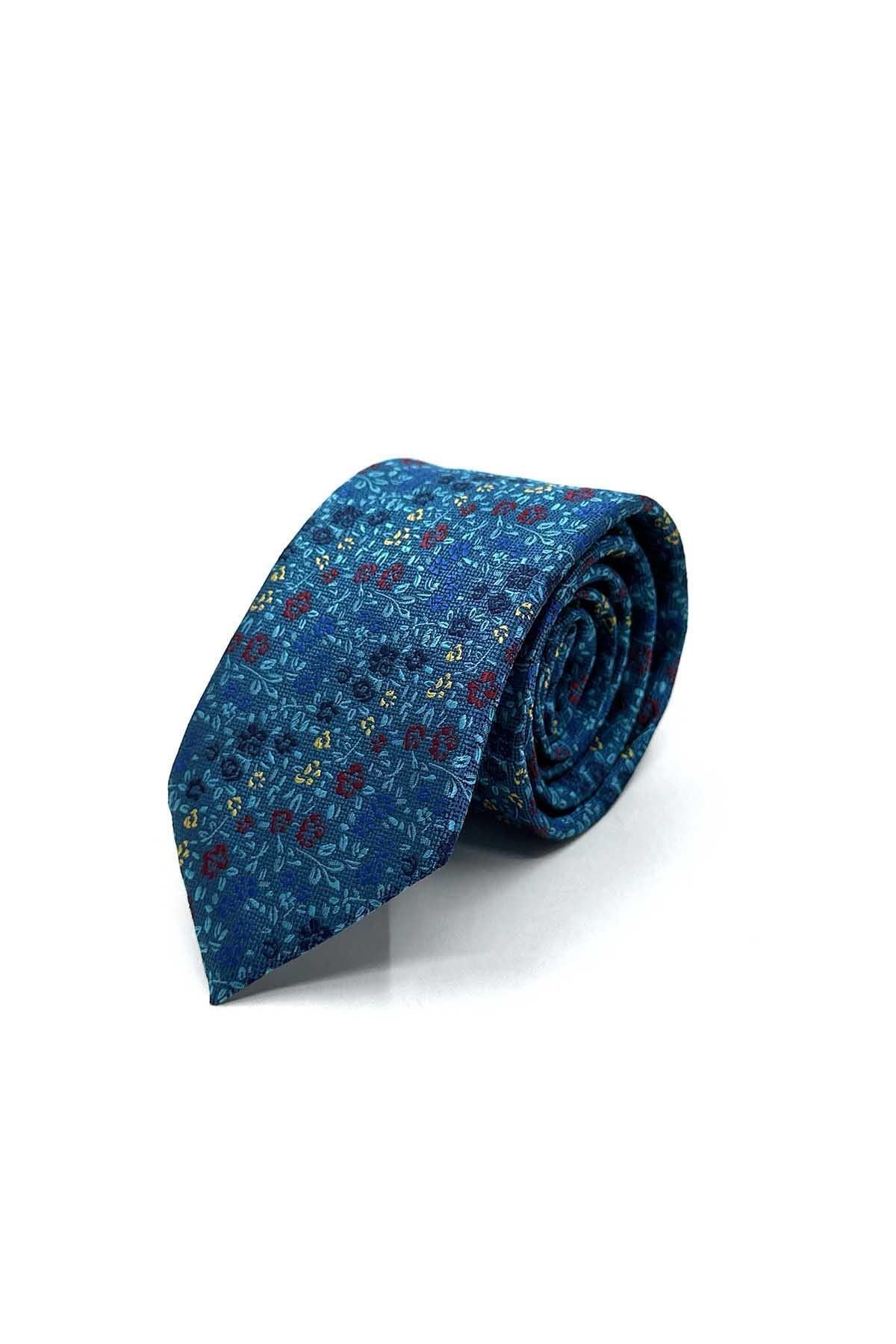 Kravatkolik-Turquoise Flower Pattern Classic Tie with Handkerchief Kk13156 7