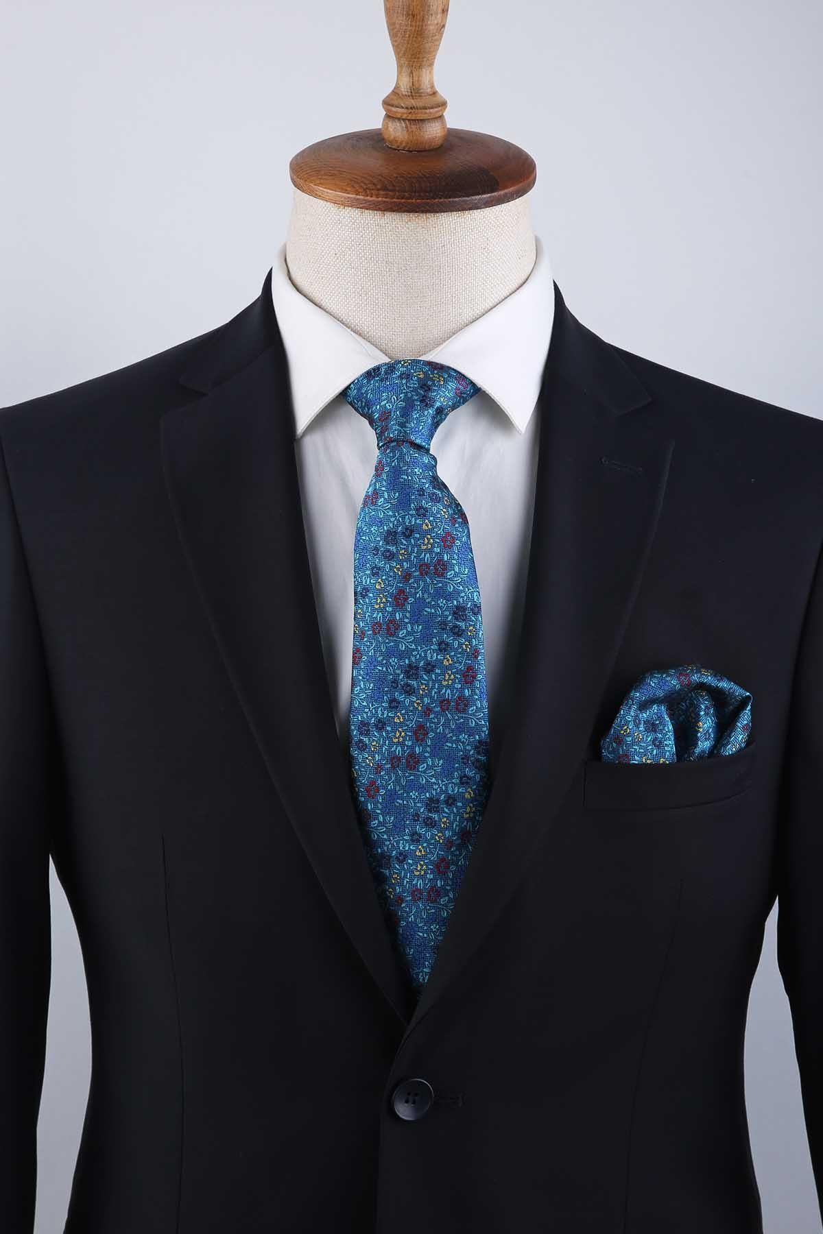 Kravatkolik-Turquoise Flower Pattern Classic Tie with Handkerchief Kk13156 3