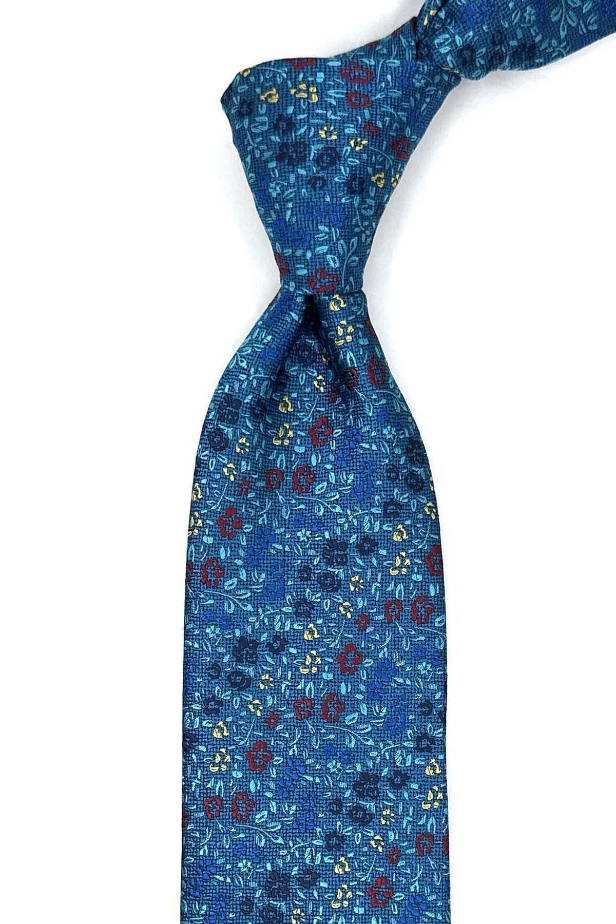 Kravatkolik-Turquoise Flower Pattern Classic Tie with Handkerchief Kk13156 2