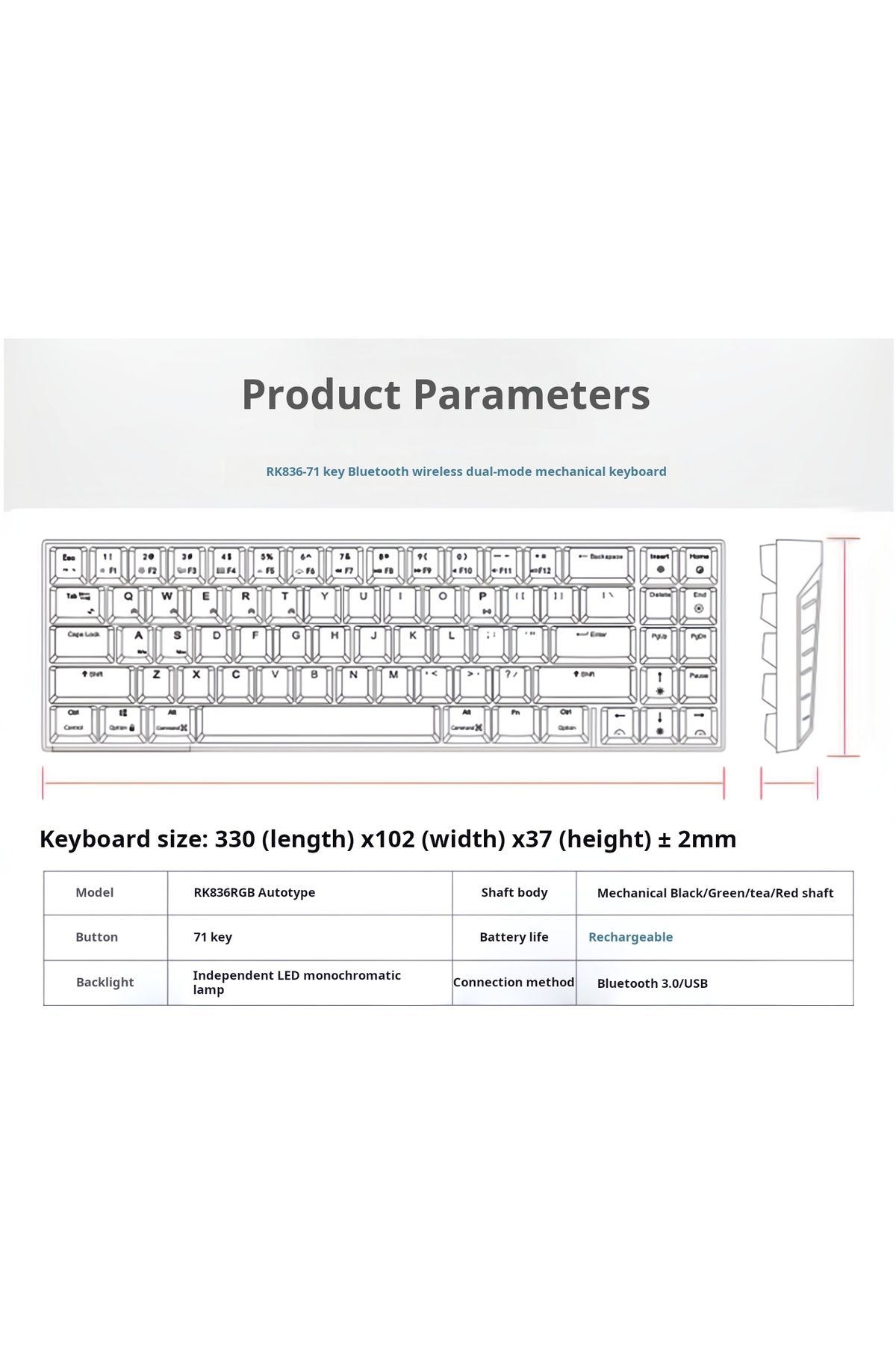 COOYA-RK836 Gaming Keyboard, 71-Key USB Wired Mechanical Keyboard for PC 3