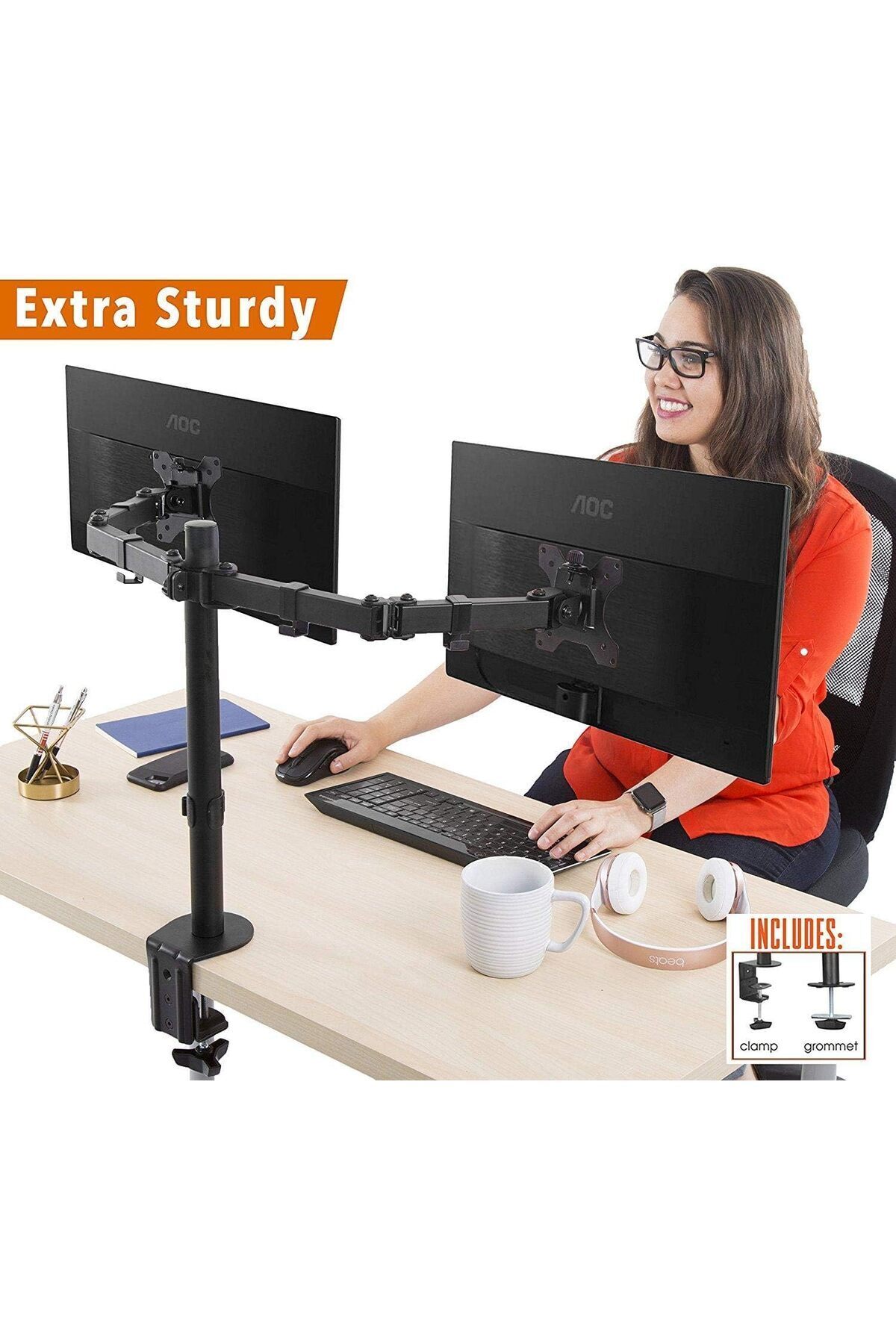 Arabest-Adjustable Dual Monitor Desk Mount ,Sleek Black Design for Optimal TV and Monitor Support 4