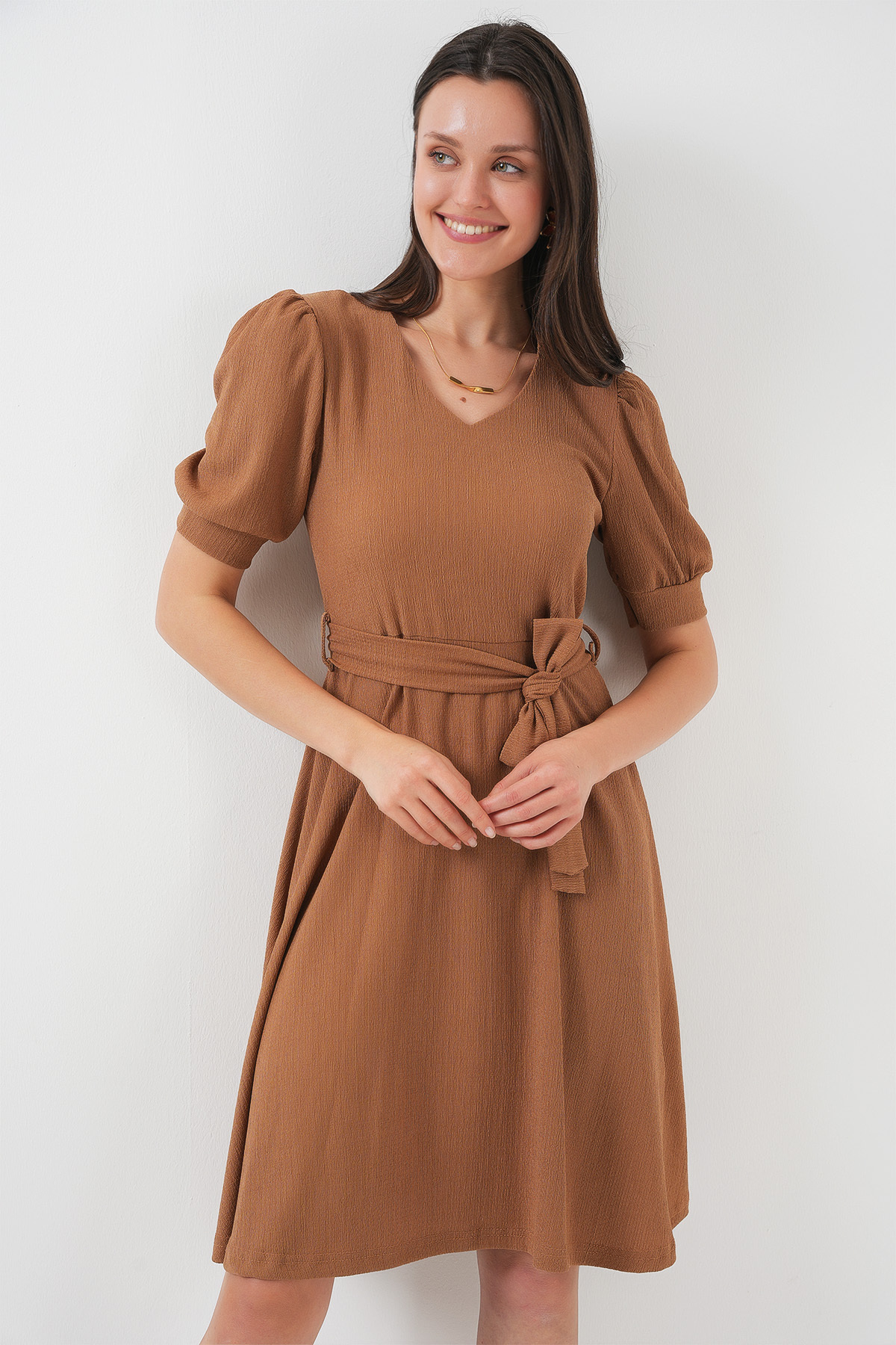 Bigdart-2370 Belted Knitted Dress - Biscuit 3