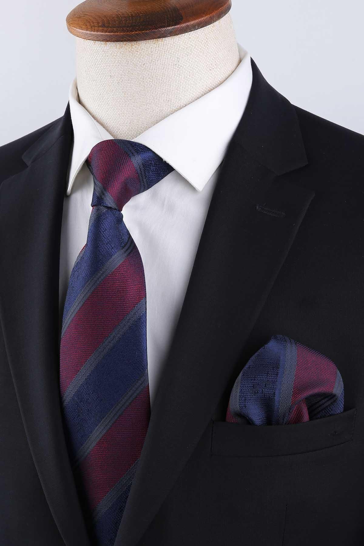 Kravatkolik-Claret Red - Navy Blue Stripe Pattern Classic Tie with Handkerchief Kk13151 1