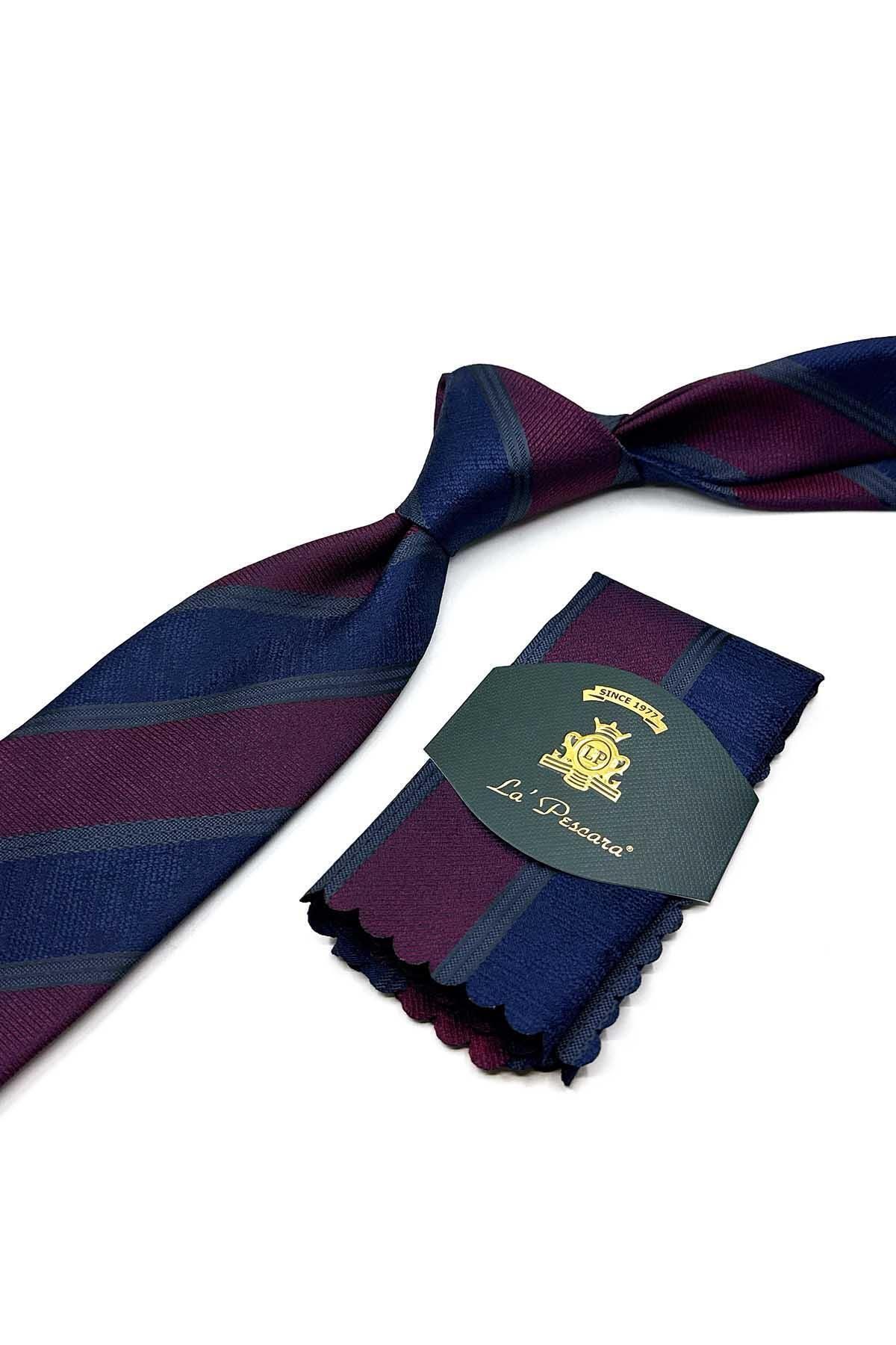 Kravatkolik-Claret Red - Navy Blue Stripe Pattern Classic Tie with Handkerchief Kk13151 4