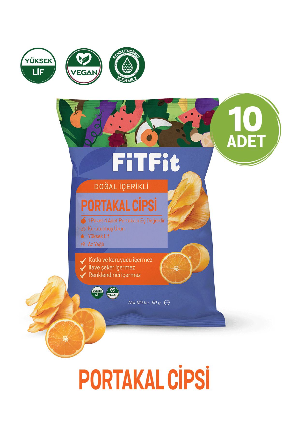 FitFit Portakal Meyve Cipsi Glutensiz, Doğal ve Sağlıklı Atıştırmalık 60gr X 10 ADET