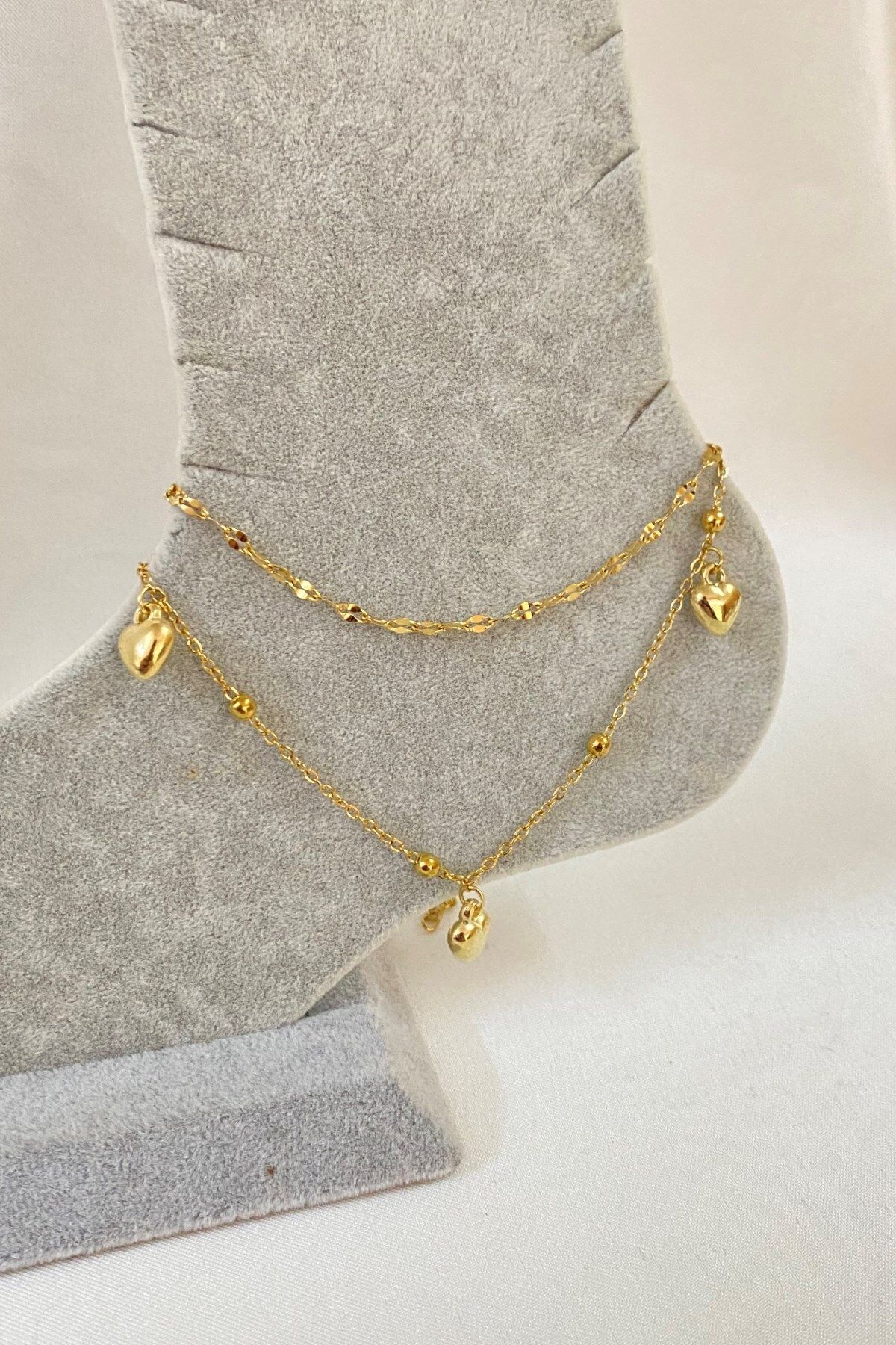 X-Lady Accessories Altın Renk Üç Kalpli Model Singapur Ve Top Zincir Çelik Halhal - 3227