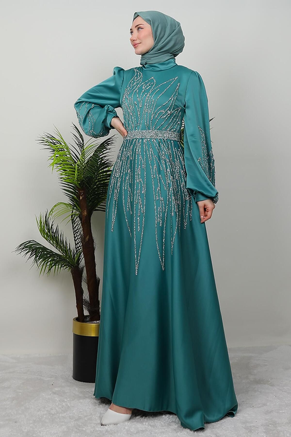 giz astore-İkbal Stone Satin Evening Dress Mint 3