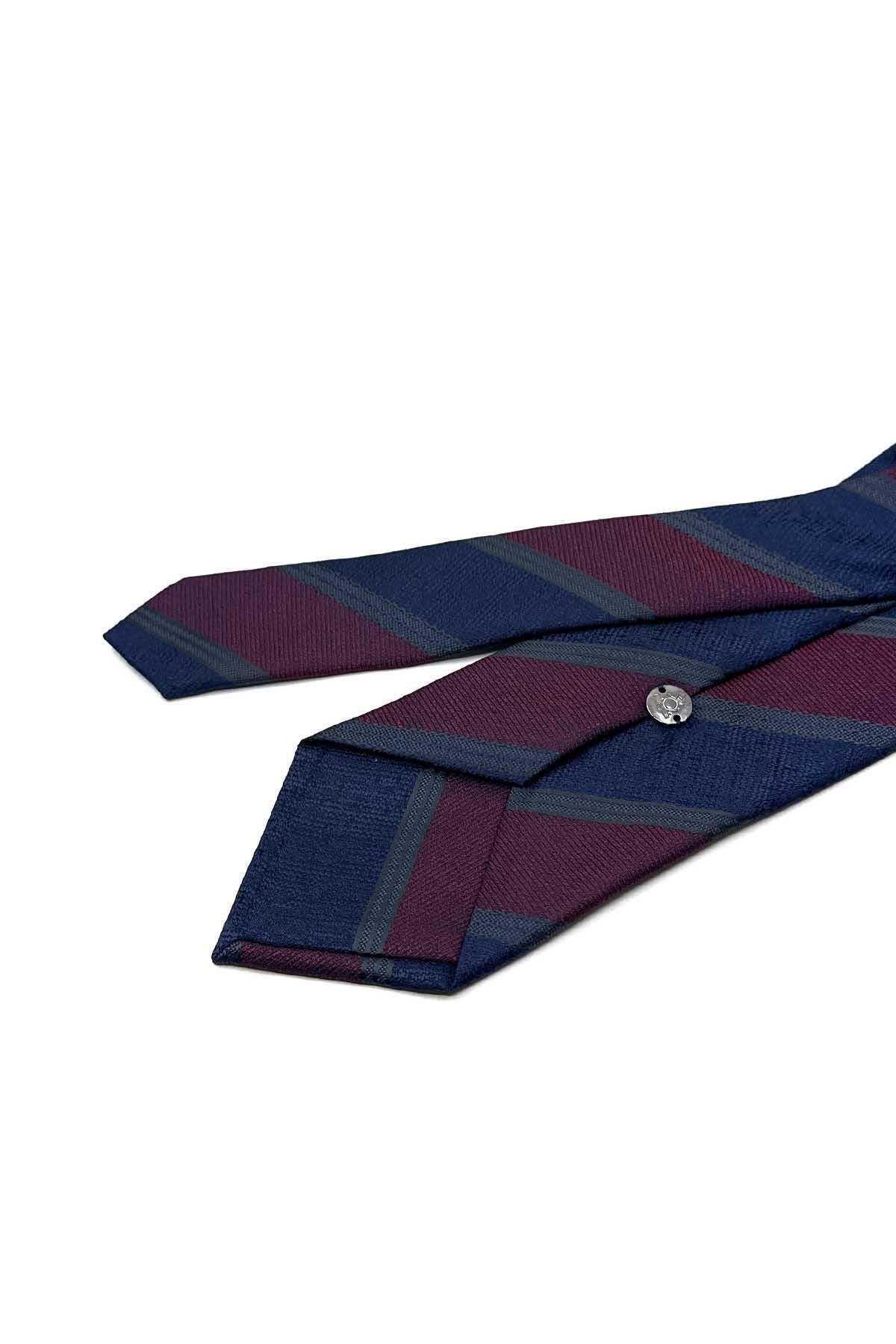 Kravatkolik-Claret Red - Navy Blue Stripe Pattern Classic Tie with Handkerchief Kk13151 6