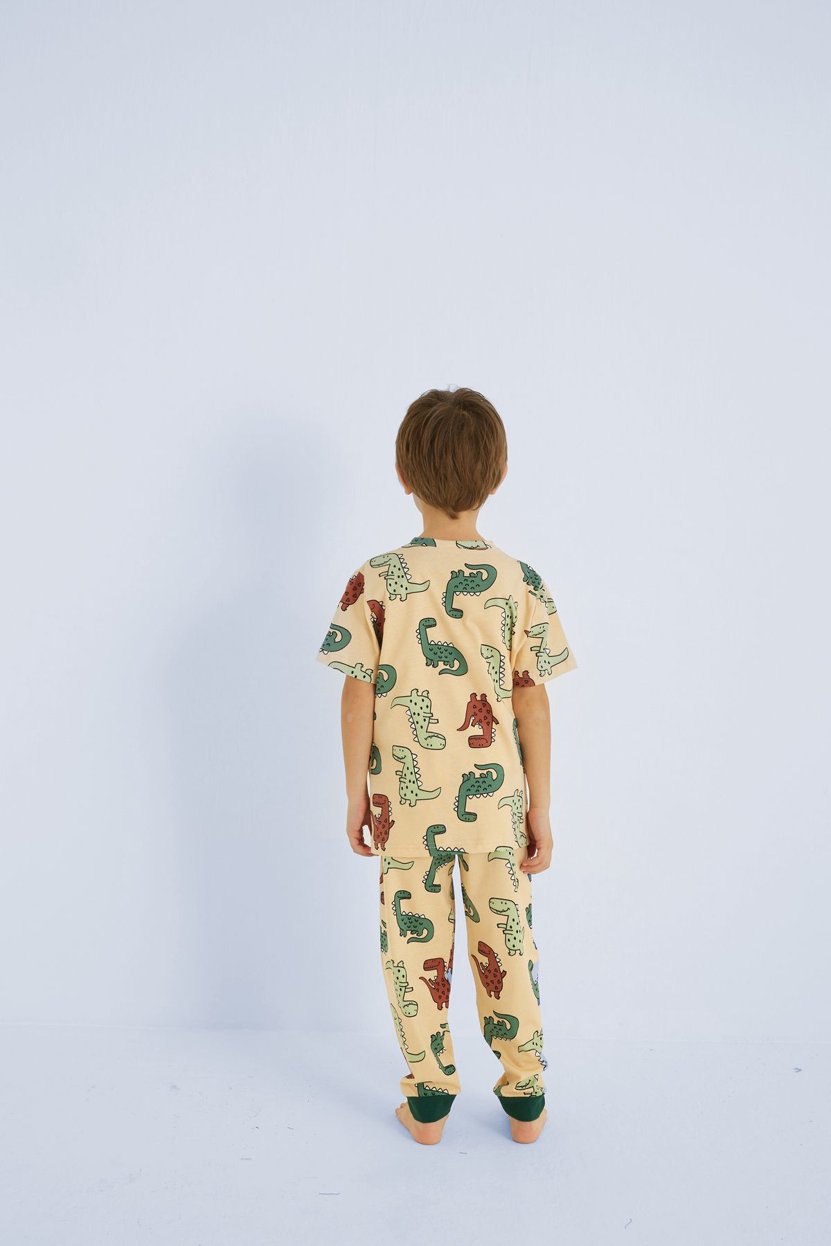 Siyah İnci-Boy's Pajamas Cream Men's 100% Cotton Dinosaur Animal Printed Crew Neck Pajamas Set 2