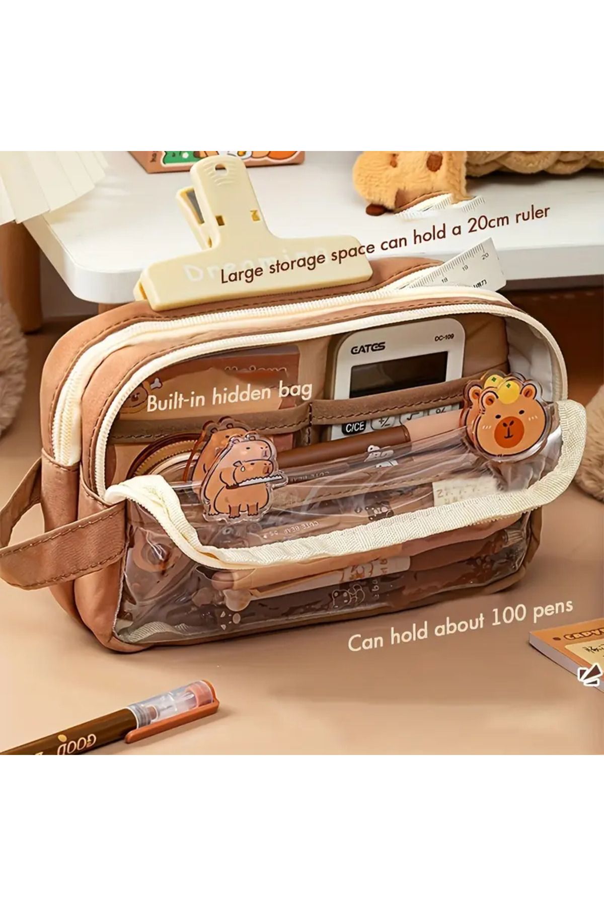 BABUN-7 Piece Large Wide Capacity Capybara Pen Holder Set with Sticker Notepad Pen Case 2