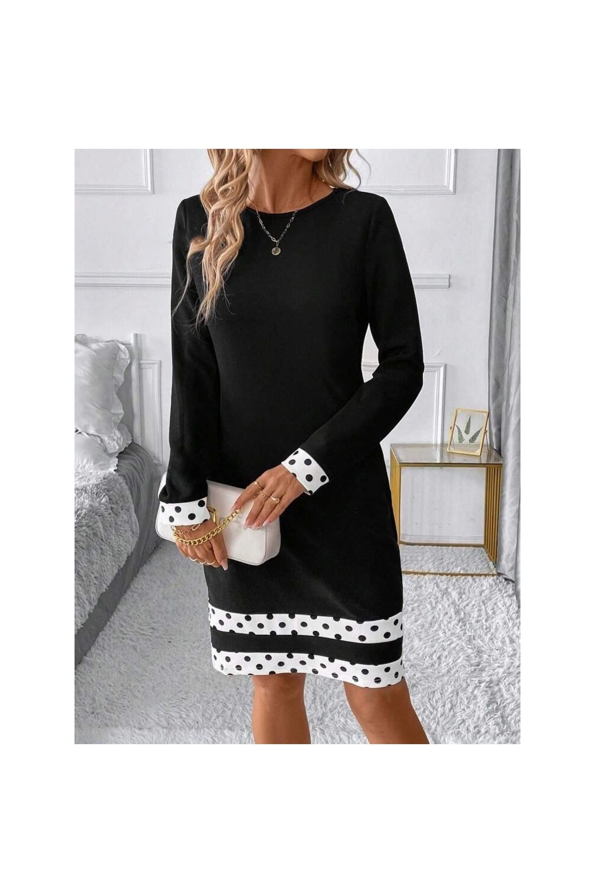 xpetrana-- Women's Long Sleeve Crew Neck Stripe Detailed Polka Dot Short Imported Crepe Dress 3