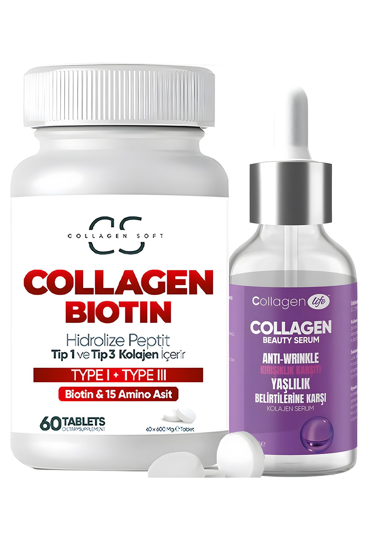 Collagen Soft 2'li Set Tip 1 Tip 3 Kolajen Biotin Ve 15 Amino Asit 60 Tablet | Kırışıklık Karşıtı Kolajen Serum