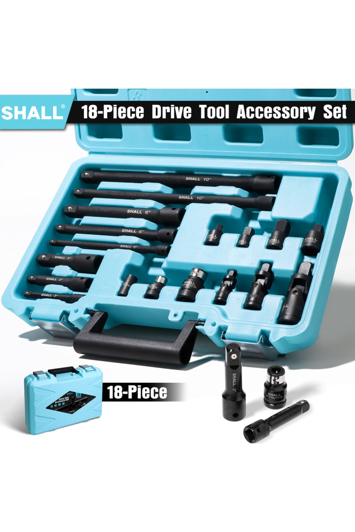 SHALL-18-Piece Drive Tool Accessory Set 1/4" 3/8" 1/2" Drive Impact Extension Set Socket Extensio... 1