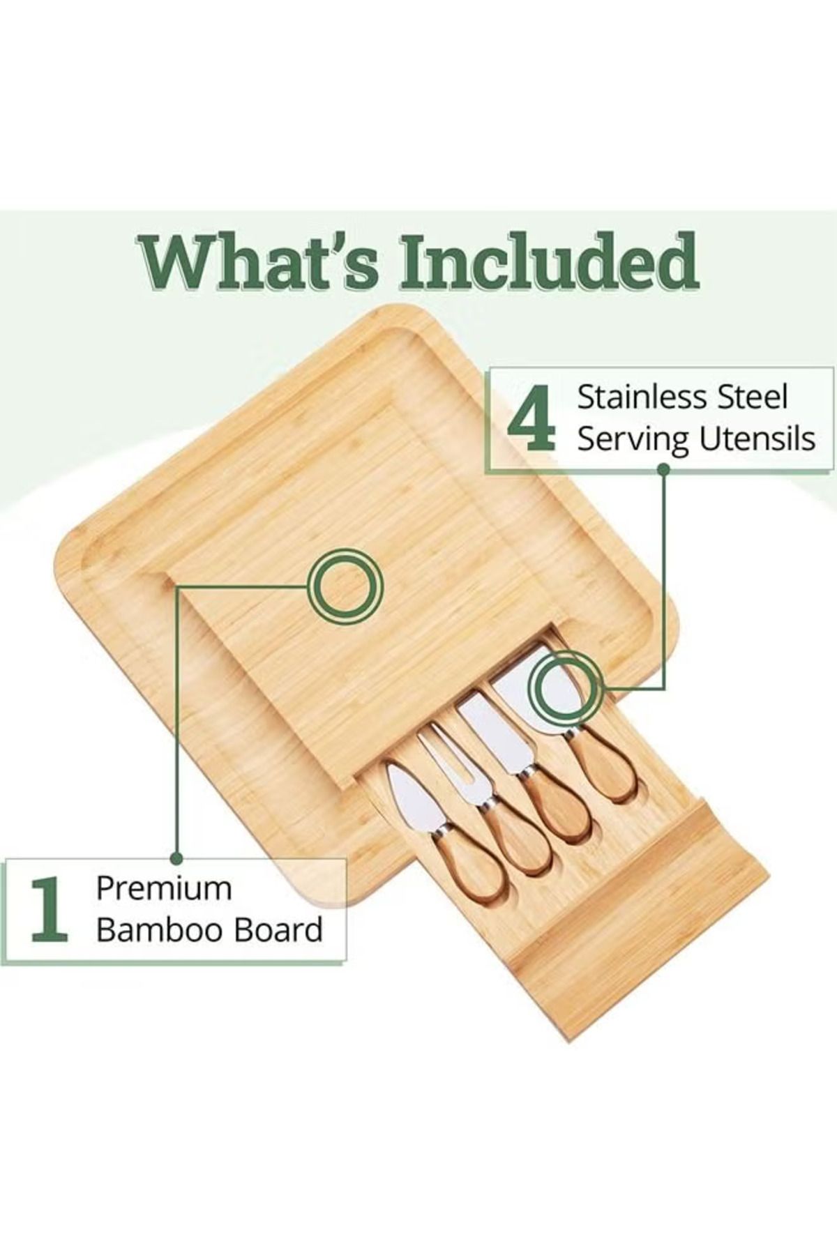 COOYA-Bamboo Cheese Board and 4 Stainless Steel Flatware Sets,with Slide-Out Drawer,for Wedding Birthday 7