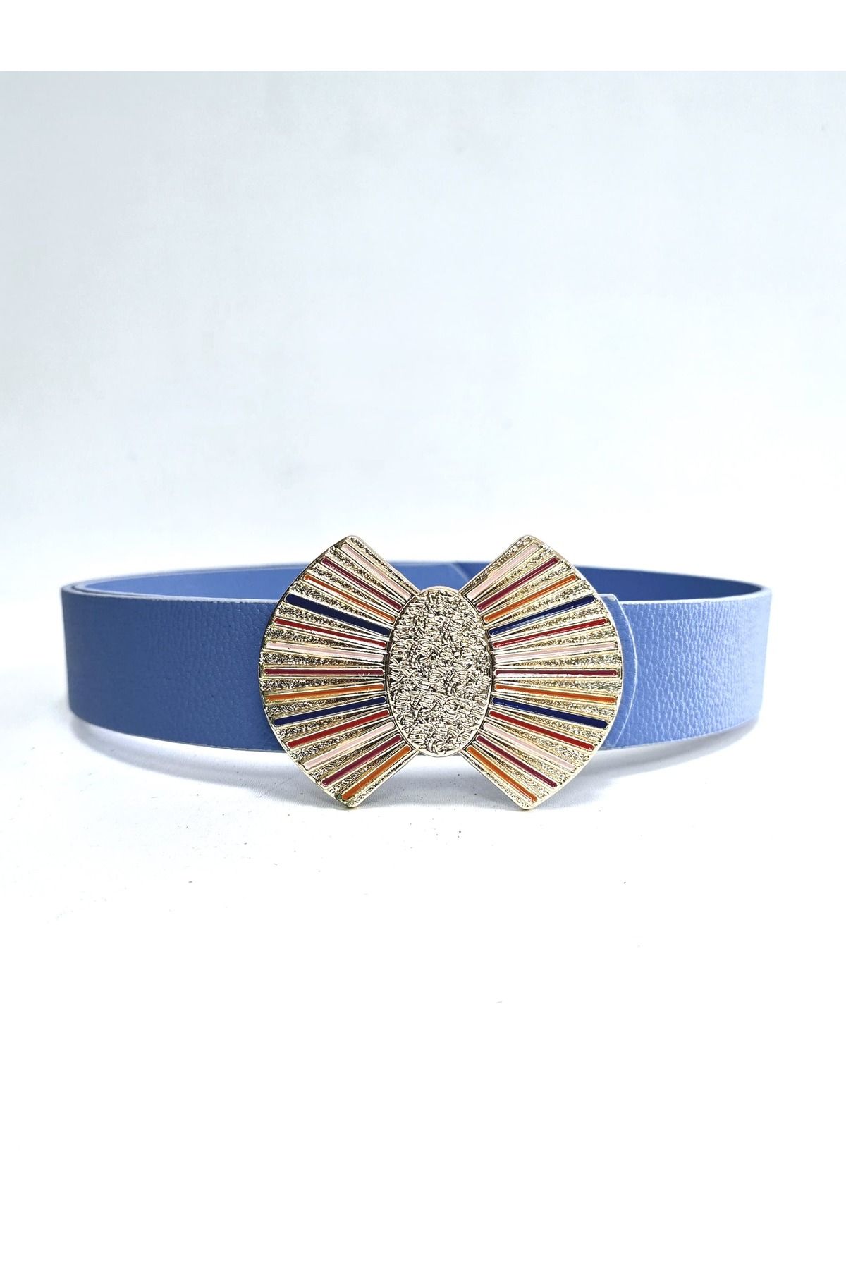 Kemerix-Women's Gold Colorful Enamel Plated Blue Belt with Buckle 4