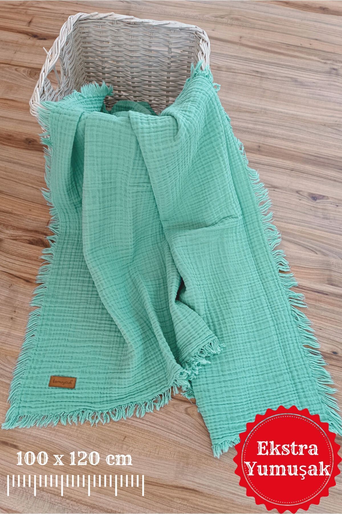 Tomuycuk 4 Kat Müslin Mint Yeşil Saçaklı Bebek Battaniyesi 100x120 Cm- %100 Pamuklu & Çok Amaçlı Battaniye fotoğrafı 6 (önizleme)