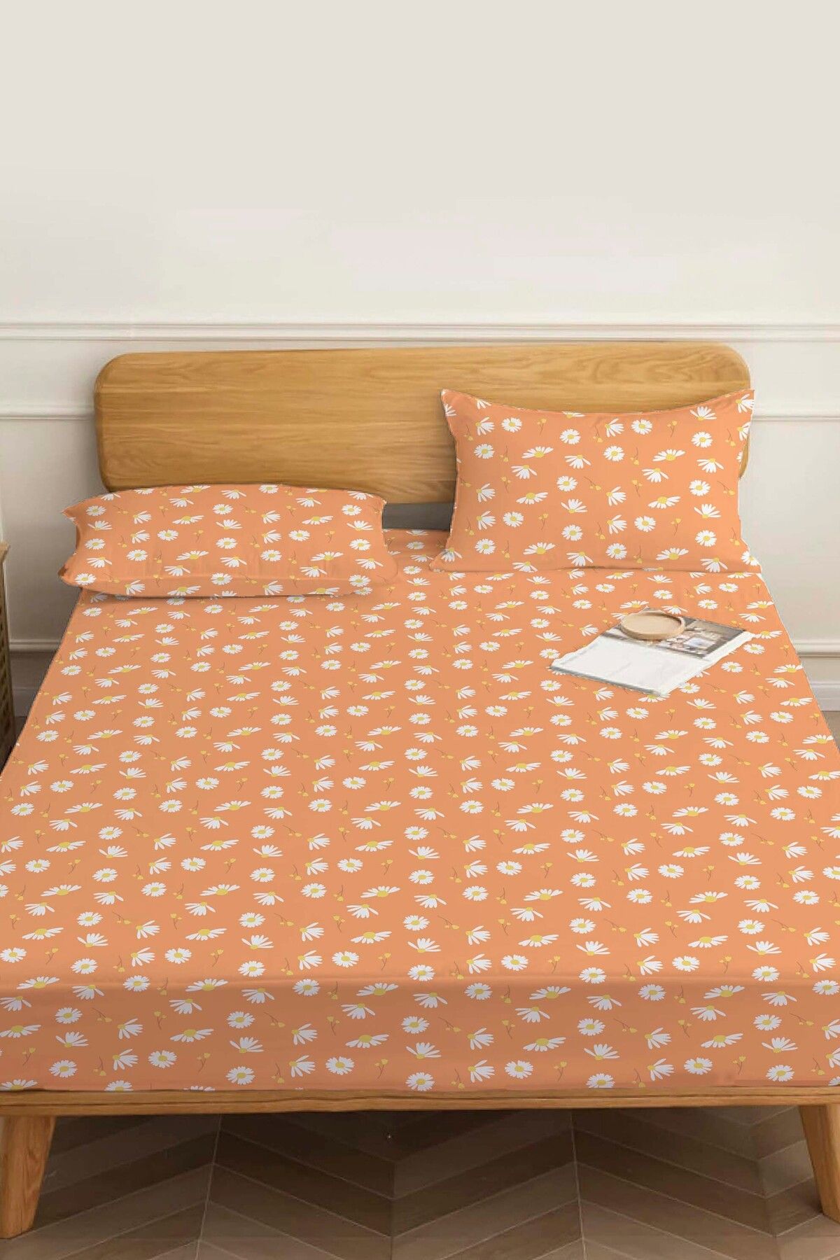 Rivaİstanbul-Double Cotton Bed Sheet - Orange Daisy 1