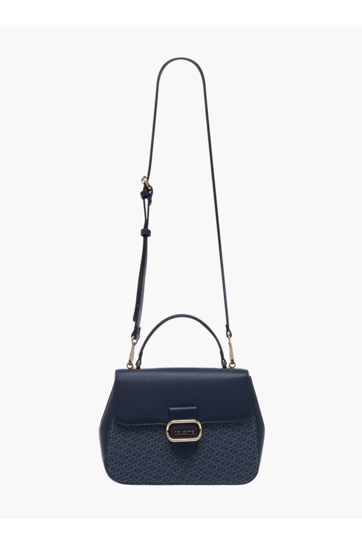 Celeste-Monogram Print Satchel Bag with Grab Handle and Button Closure 2