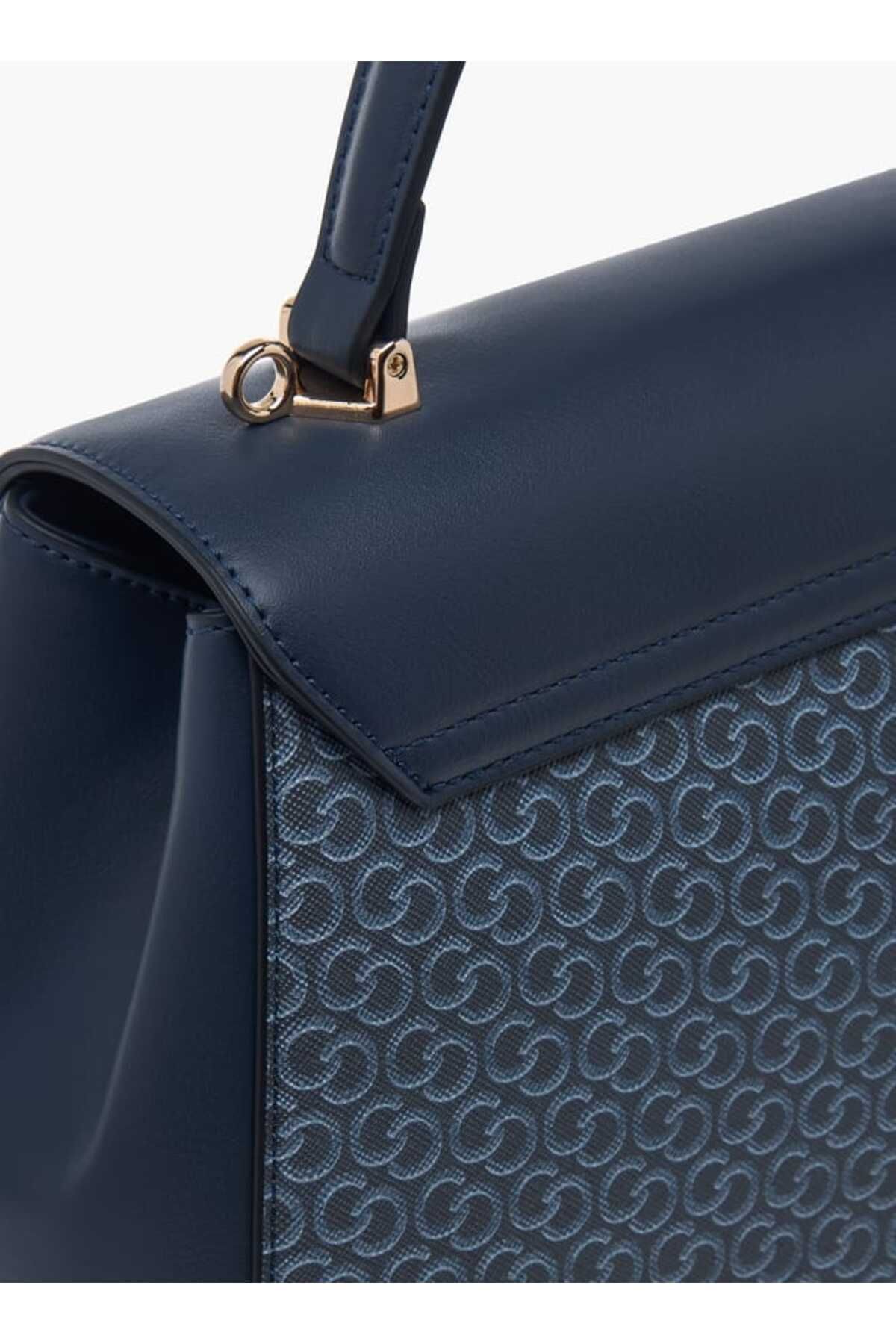 Celeste-Monogram Print Satchel Bag with Grab Handle and Button Closure 5