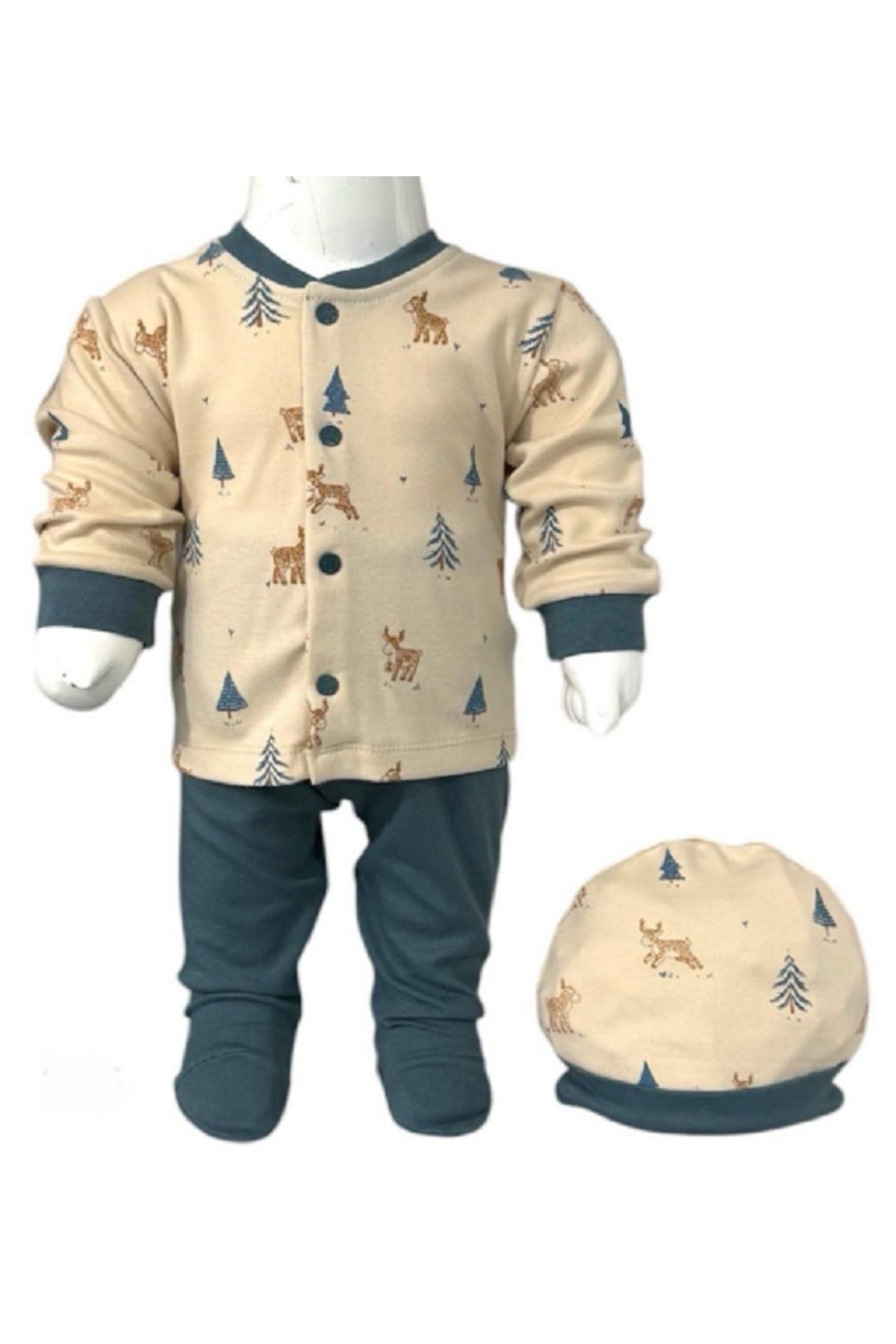 Aziz Bebe-Cute Deer Patterned 3-Piece Baby Set with Bottom and Hat and Feet, Size 0-3-6 Months 1