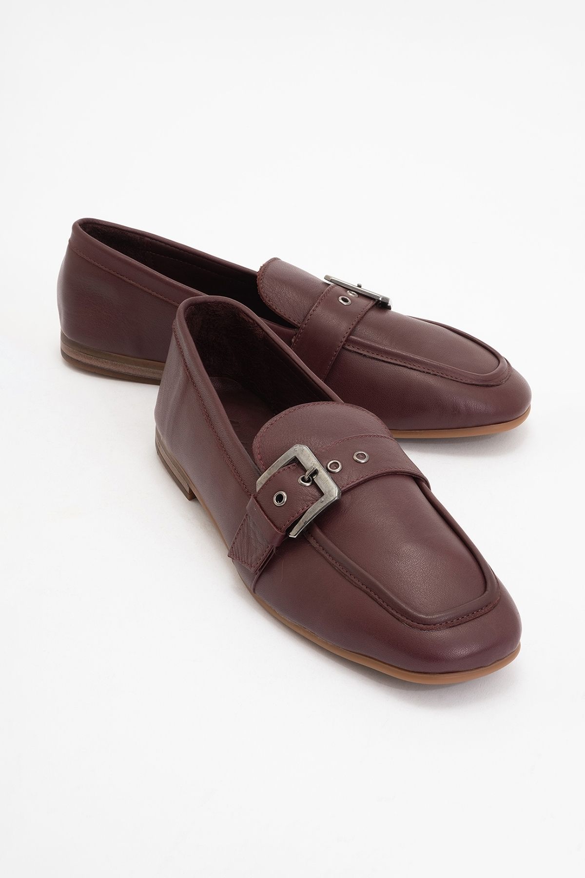 LuviShoes-Clarion Burgundy Skin Genuine Leather Belted Blunt Toe Women's Loafer Shoes 1