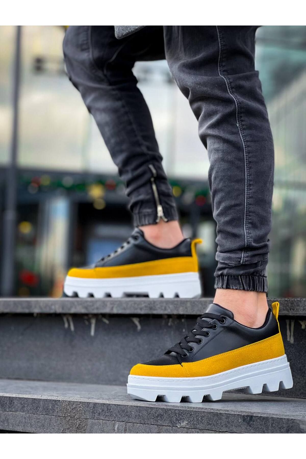 BOA-Kb 056 Black Yellow Detailed White High Sole Casual Sneakers 3