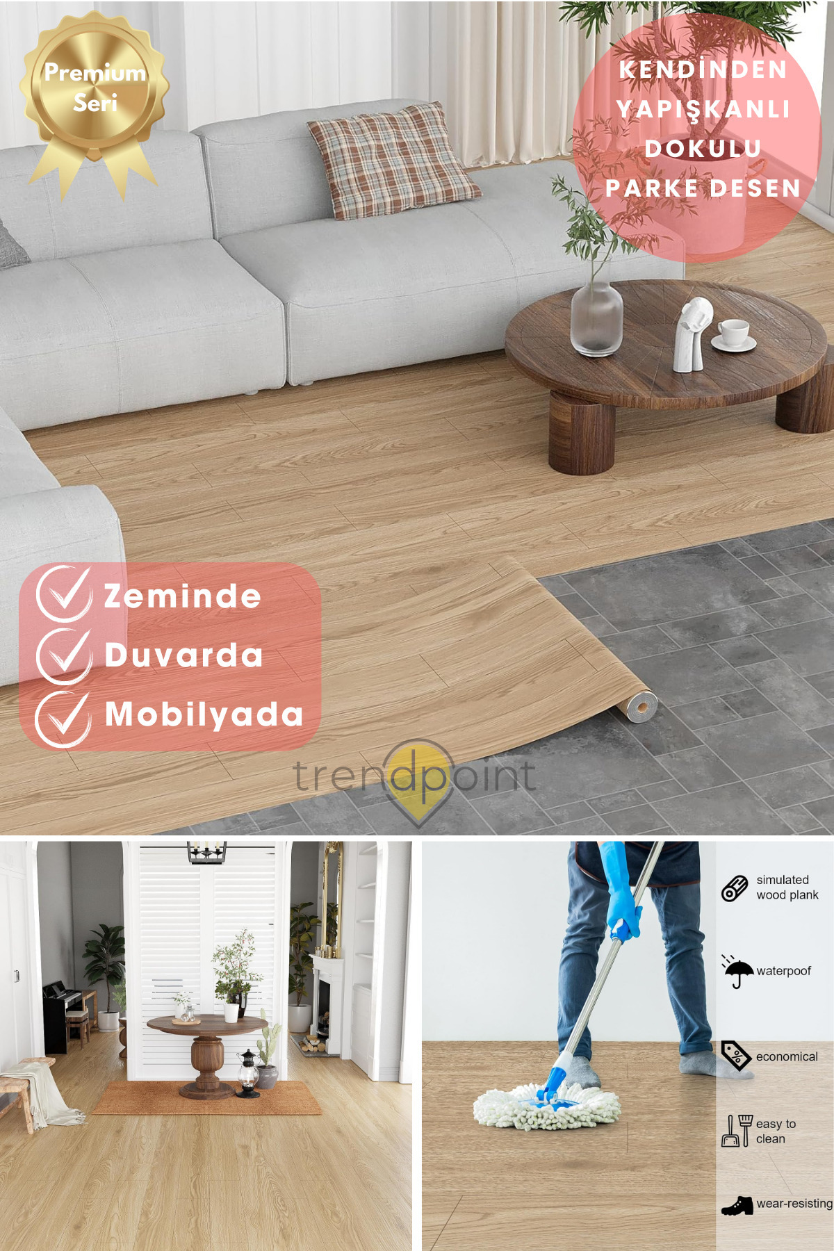 Trendpoint Kendinden Yapışkanlı 60cm×500cm Parke Görünümlü Premium Zemin Duvar Kağıdı Dolap Kaplama