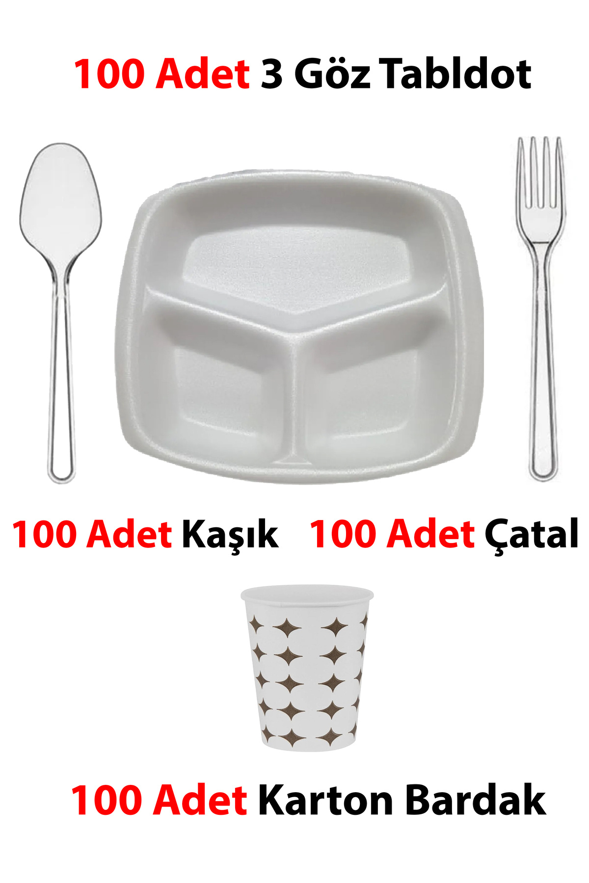 100 Adet Üç Gözlü Tabldot - 100 Plastik Çatal, 100 Plastik Kaşık, 100 Karton Bardak