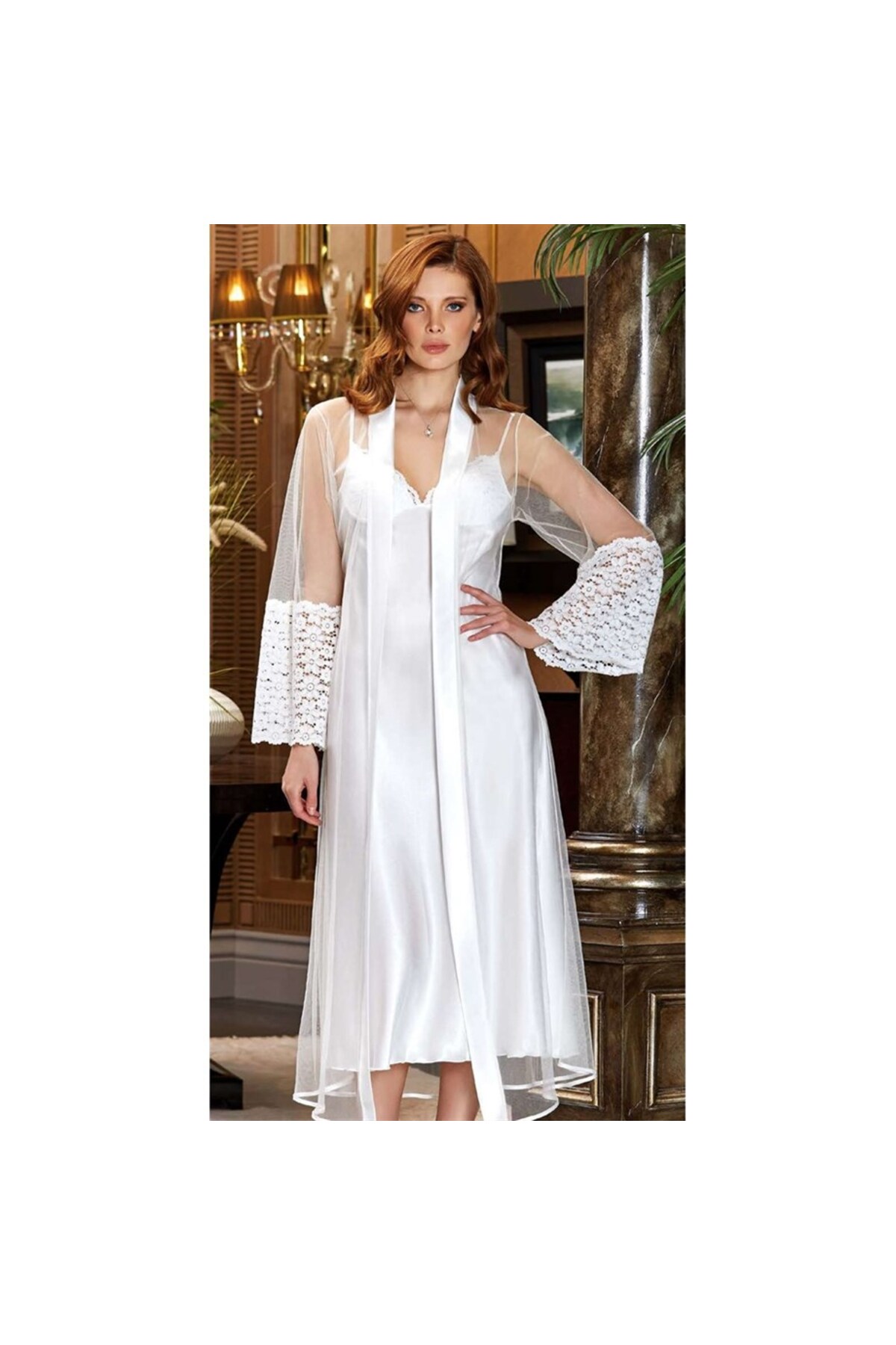 Jeremi 3144 Çeyizlik Ipek Saten Ikili Uzun Gecelik Sabahlıklı Takım - Krem