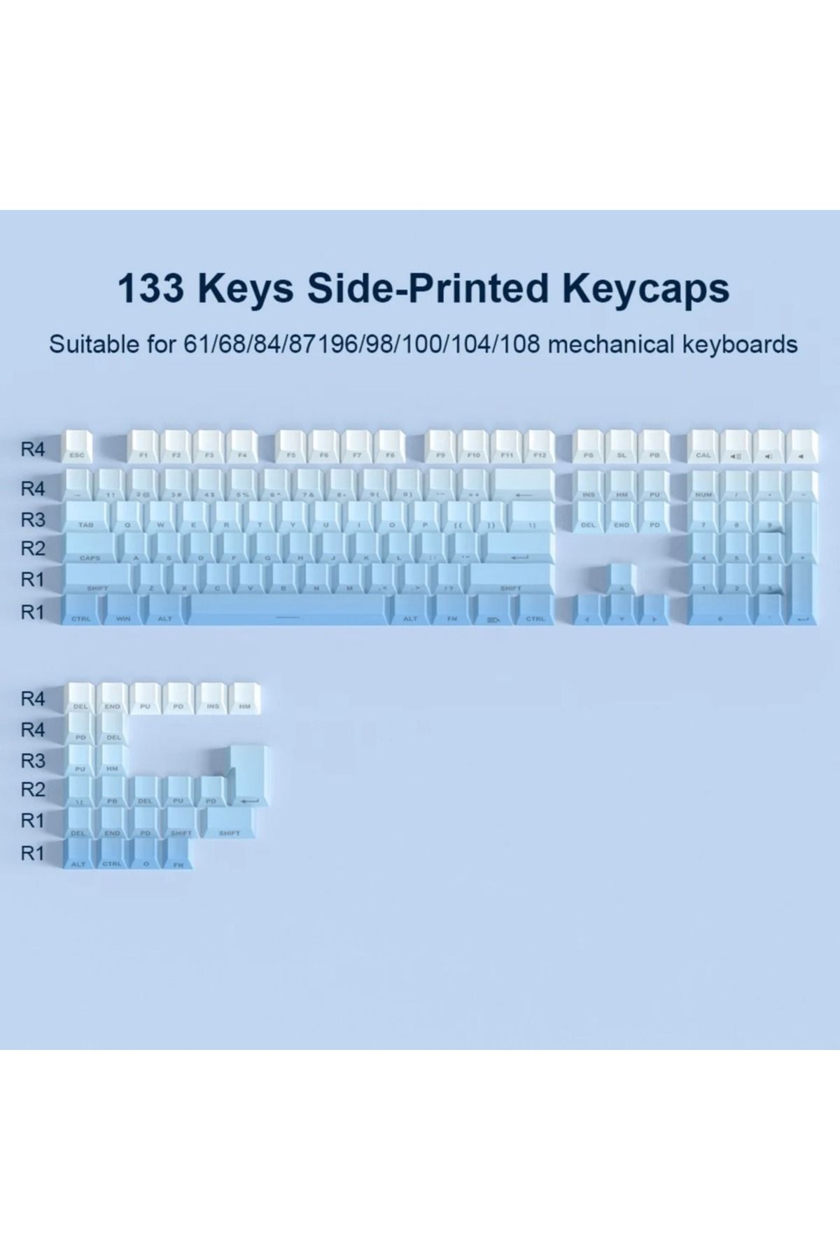 Choice-Blue 133 Keys Grey Keycap Set 133 Keys PBT Double Shot Side Print Shine Through Backlit Keycaps For 1