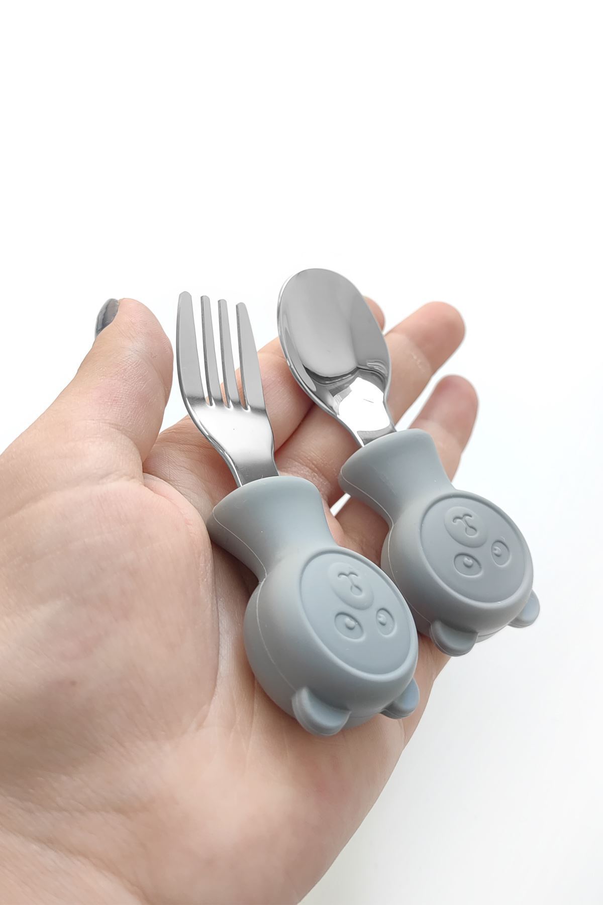 Chavin 304 Çelik Gri Bebek Ayıcık Model Çocuk Kaşık ve Çatal Set cin766gr fotoğrafı 3 (önizleme)
