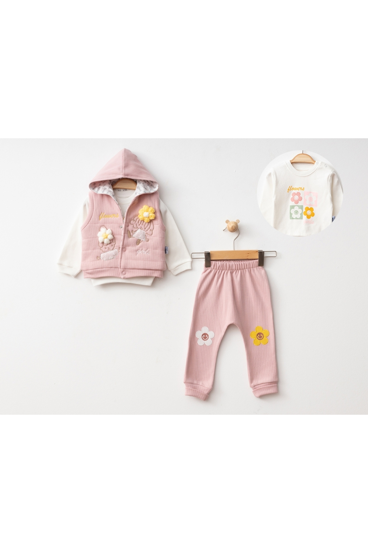 Kapşonlu  Çiçekli Kızlar 3 Lü Takım ( 6-18 Ay)