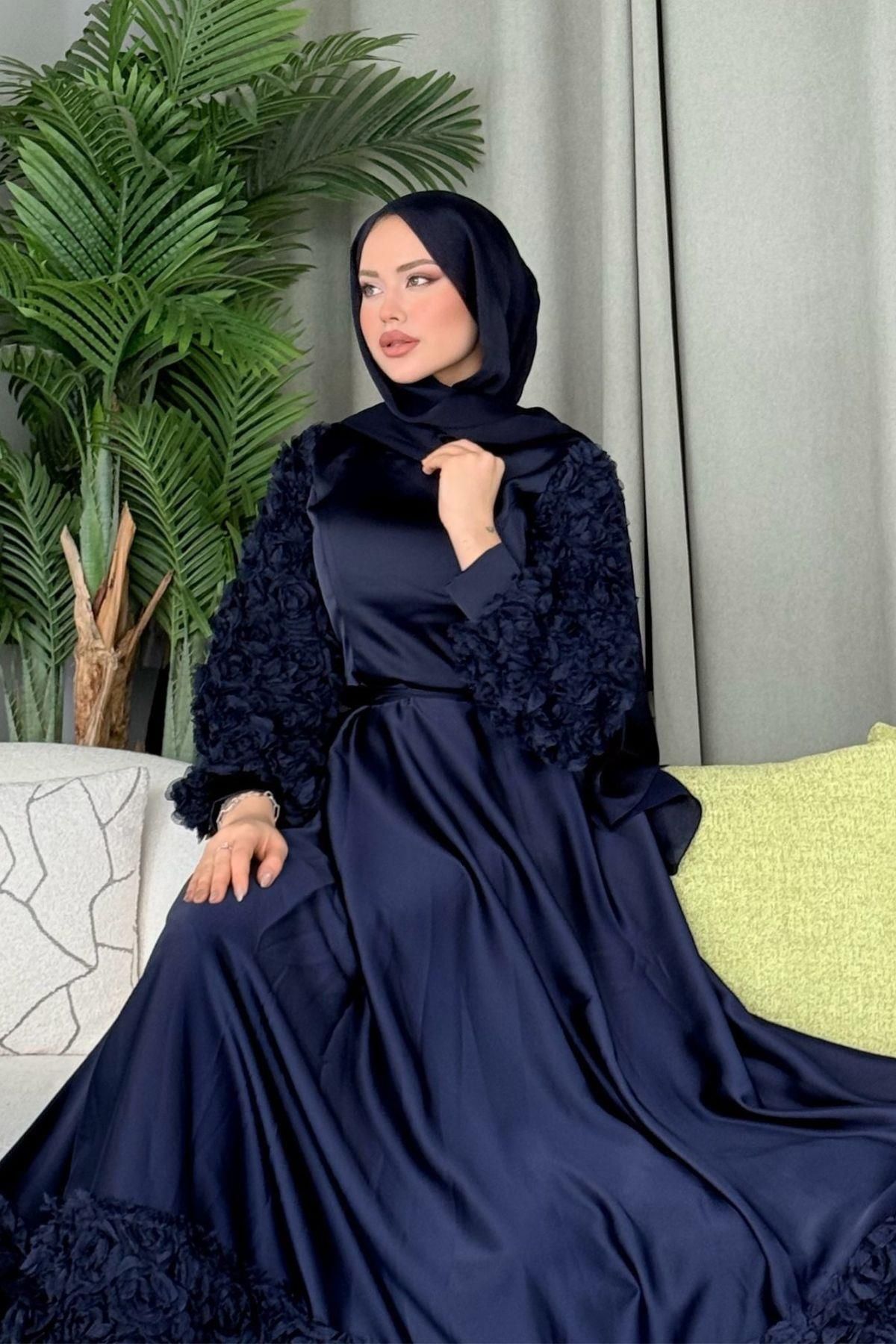 HAZA MODA-Navy Blue Rose Evening Dress - Sleeves and Skirt 4