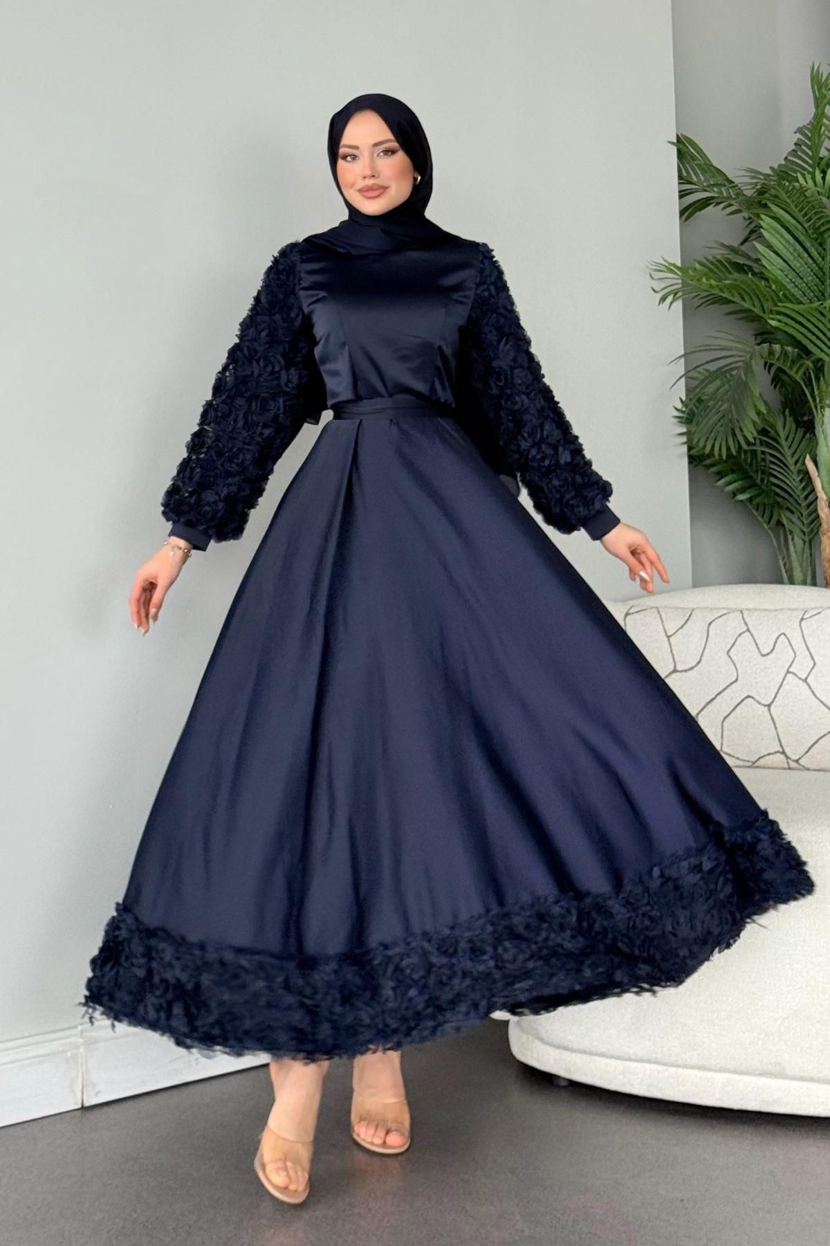 HAZA MODA-Navy Blue Rose Evening Dress - Sleeves and Skirt 1